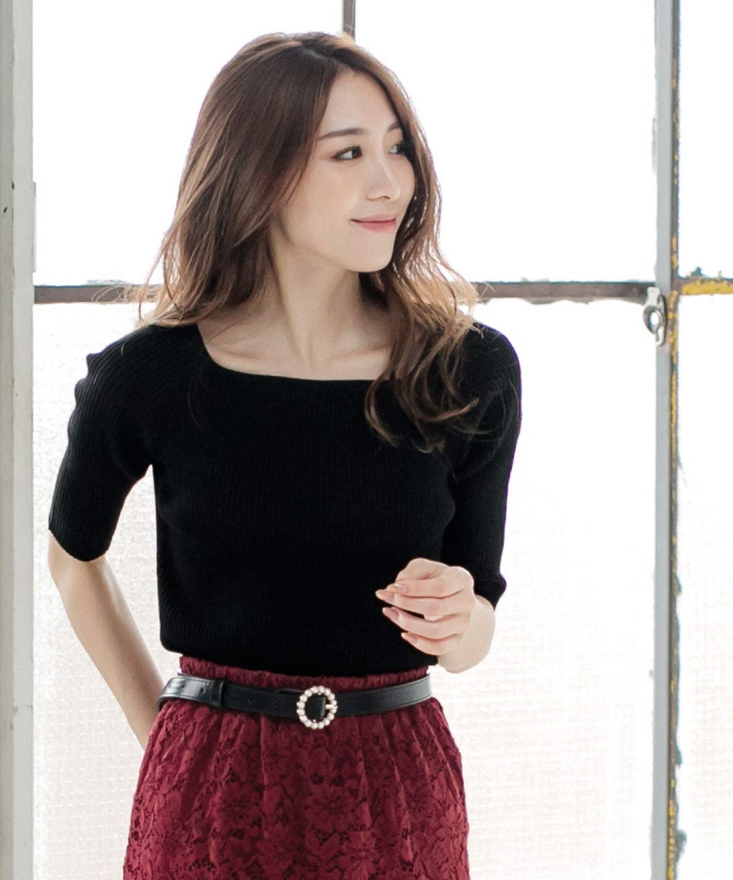 袖丈が選べるスクエアネックニット JB510595