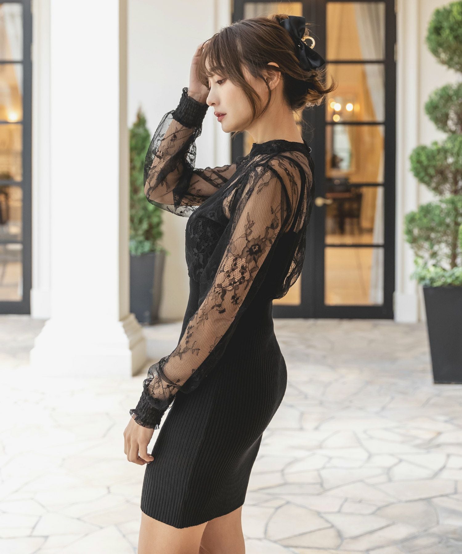 丈が選べるレースドッキングタイトニットワンピース JB23017