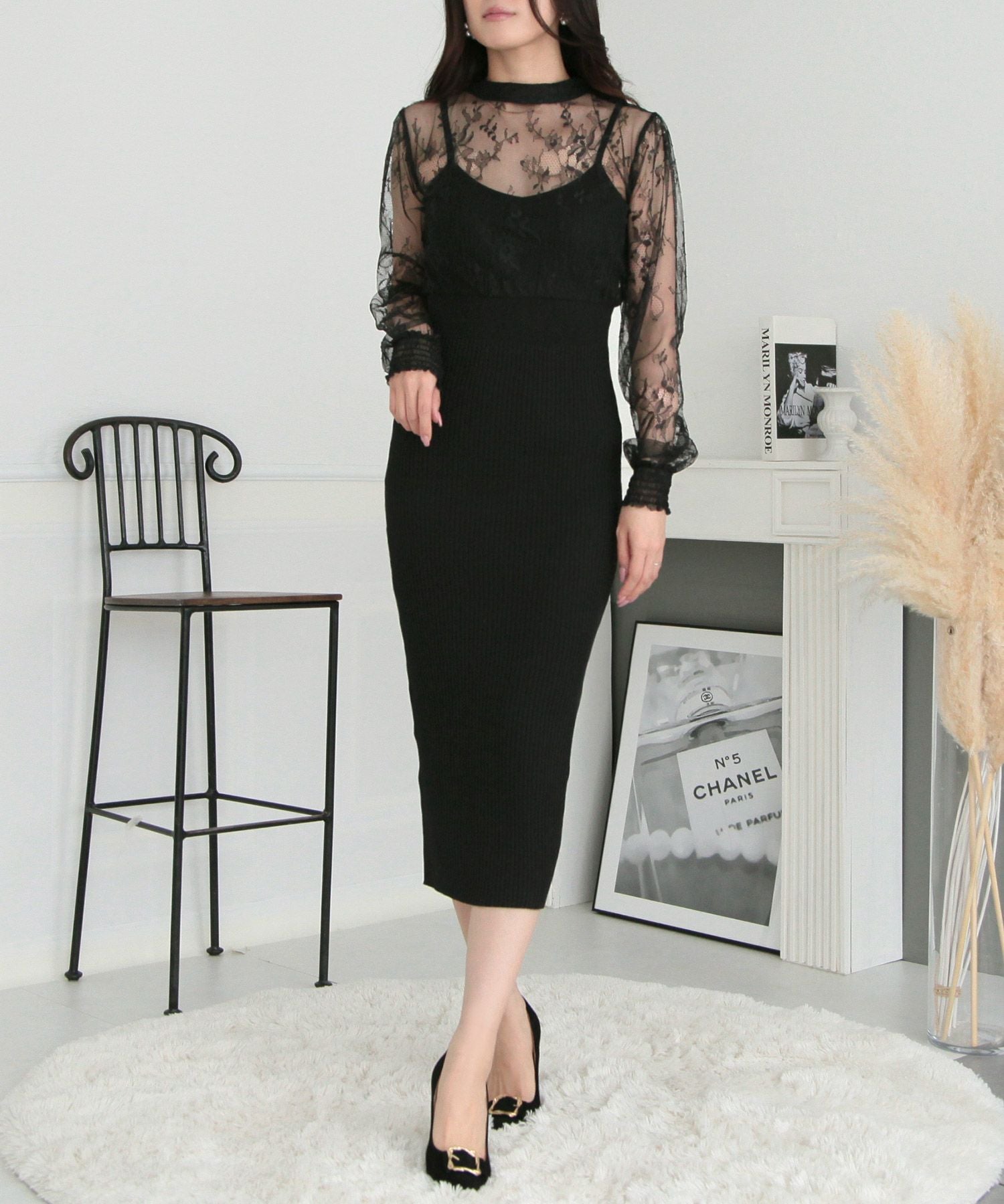 丈が選べるレースドッキングタイトニットワンピース JB23017