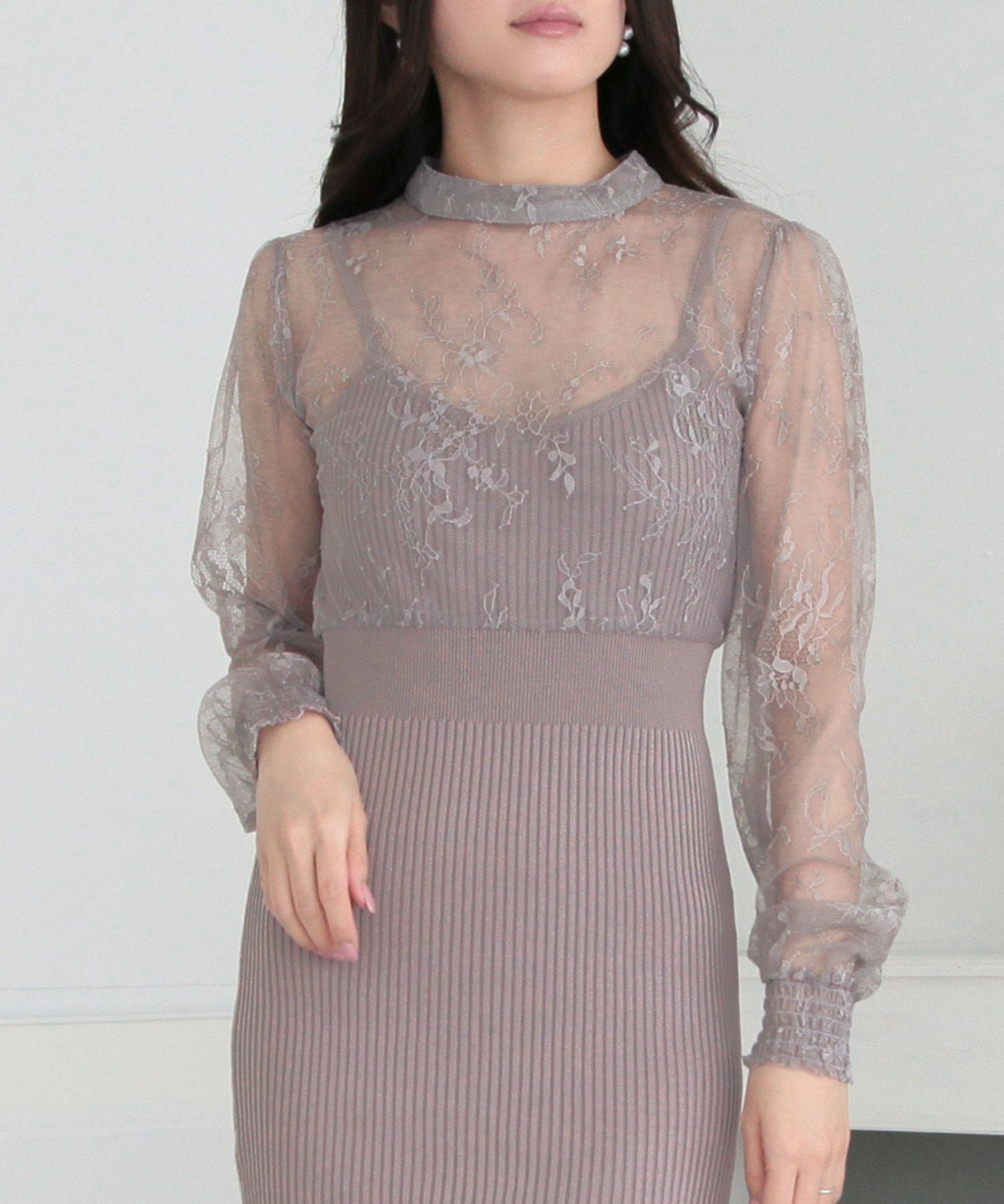 丈が選べるレースドッキングタイトニットワンピース JB23017