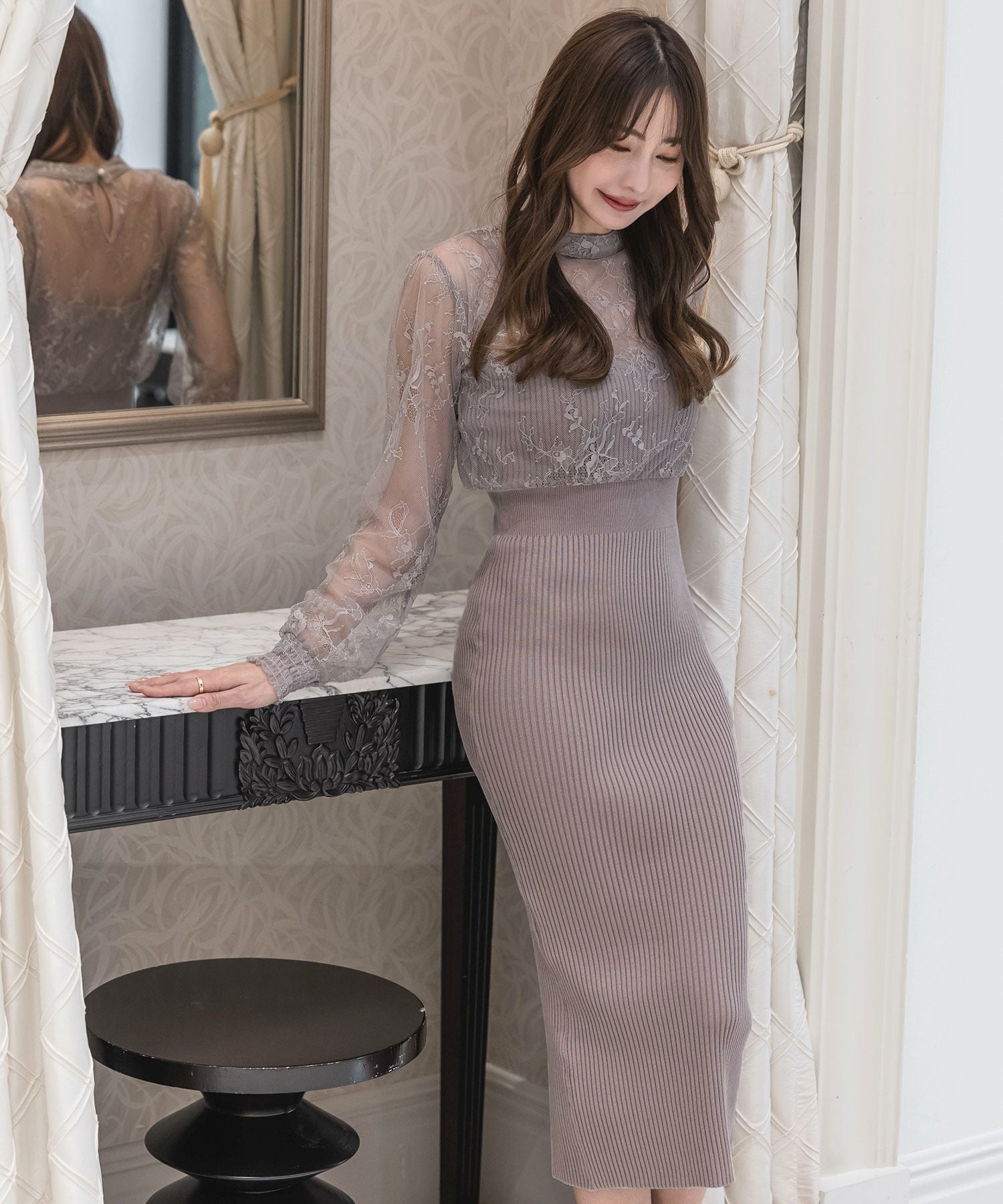 丈が選べるレースドッキングタイトニットワンピース JB23017