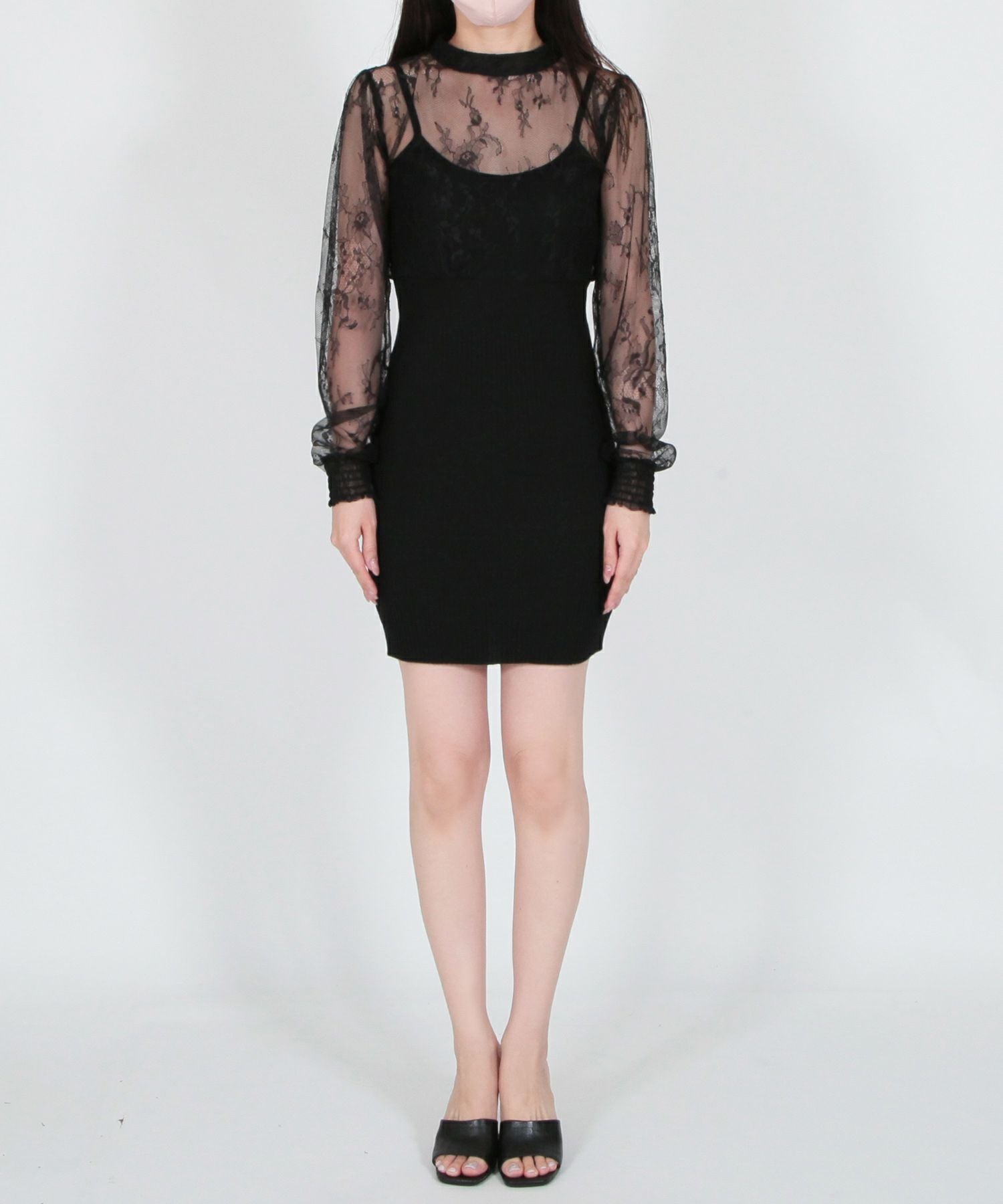 丈が選べるレースドッキングタイトニットワンピース JB23017