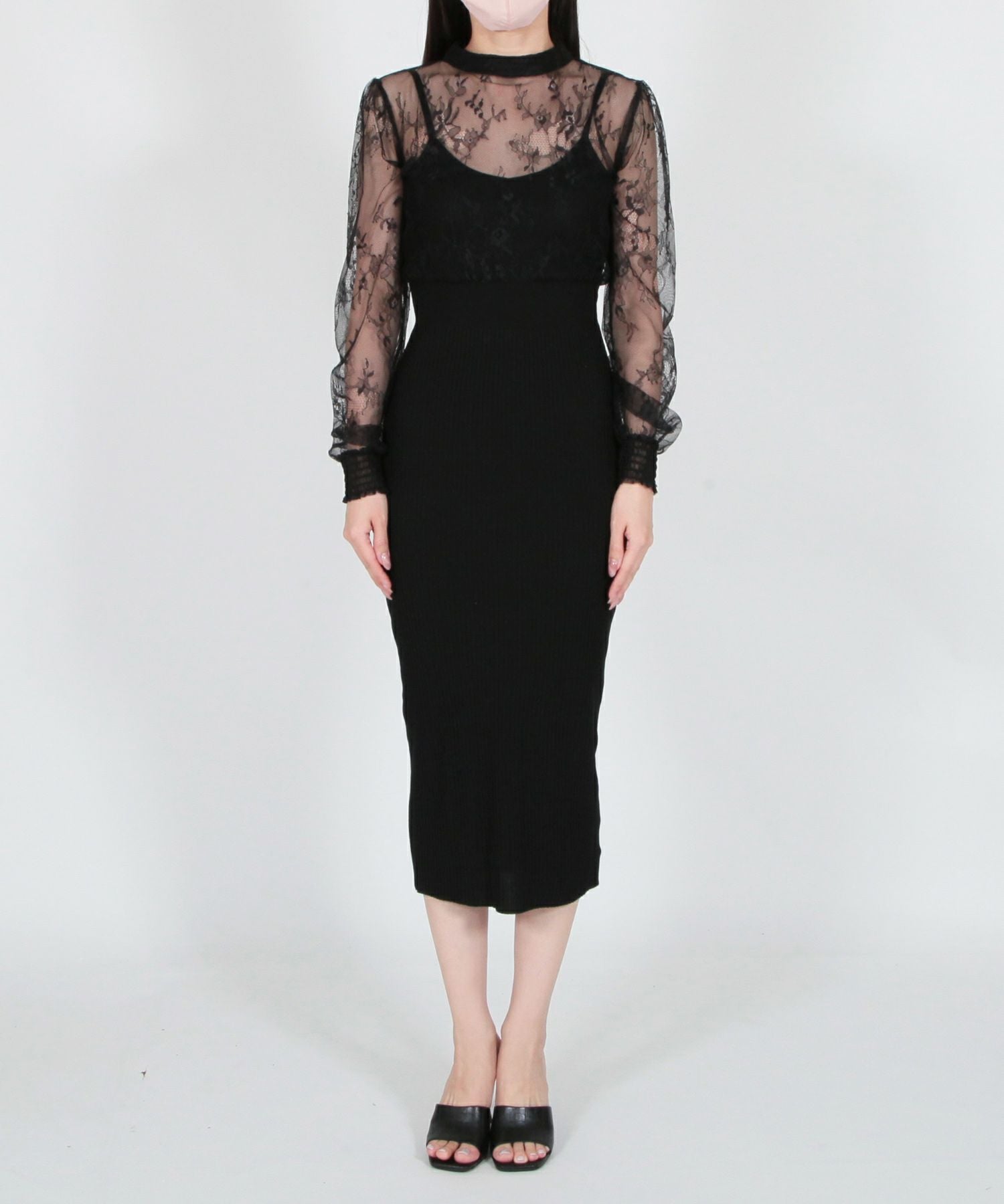 丈が選べるレースドッキングタイトニットワンピース JB23017