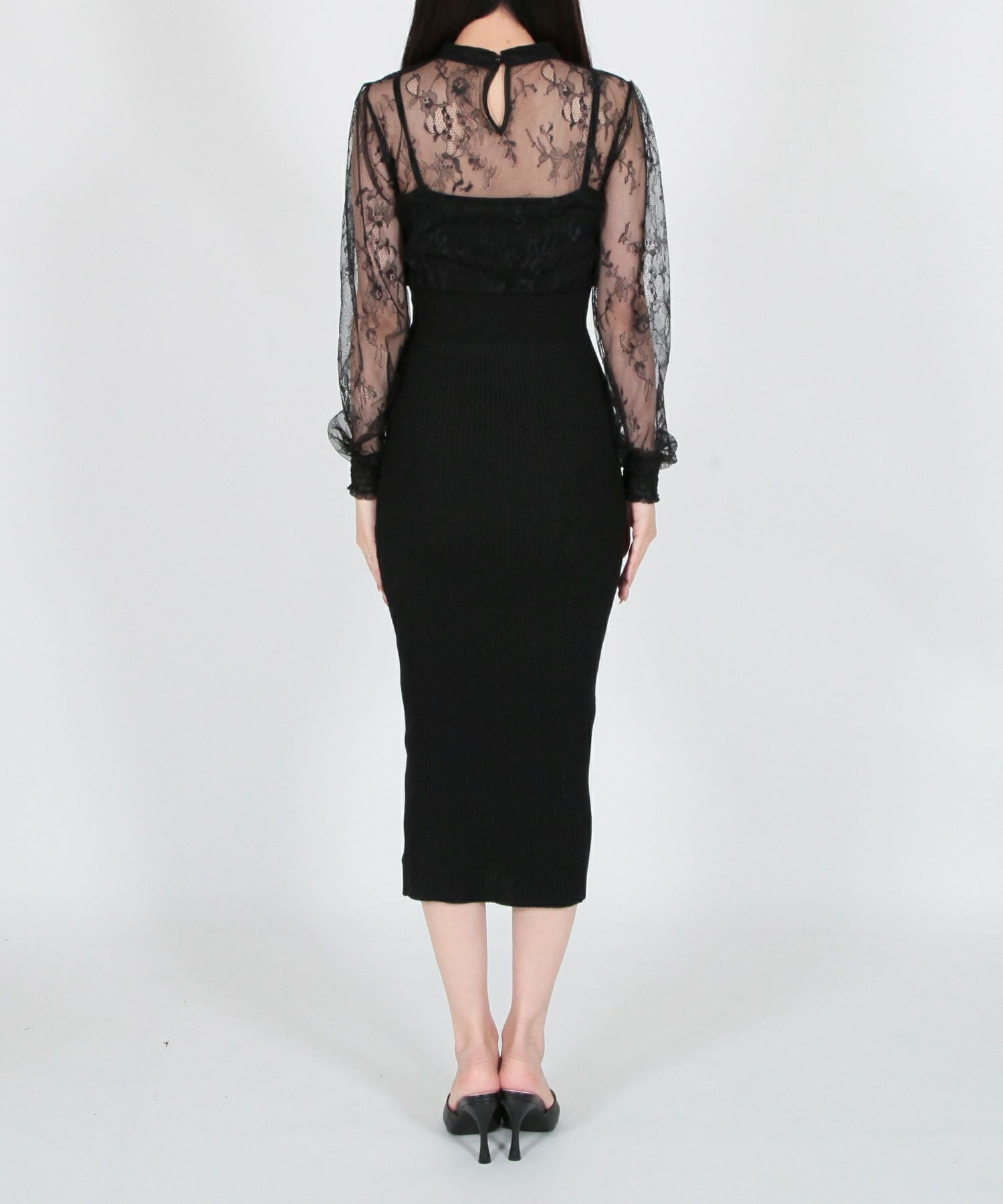 丈が選べるレースドッキングタイトニットワンピース JB23017