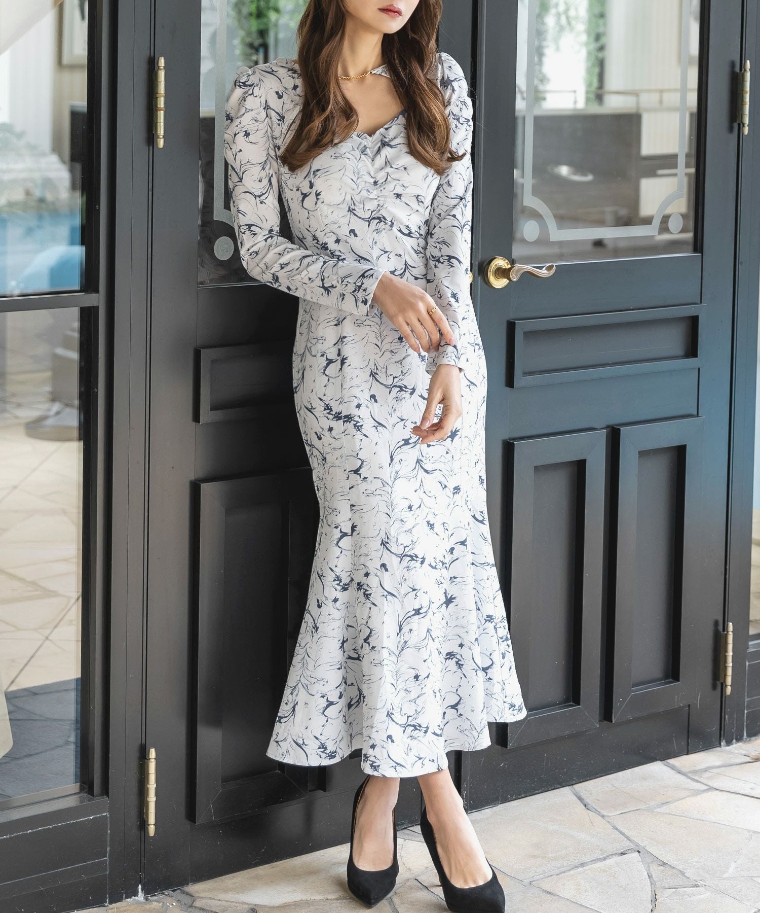 ラインフラワークロップド丈トップス×マーメイドワンピース JB23016