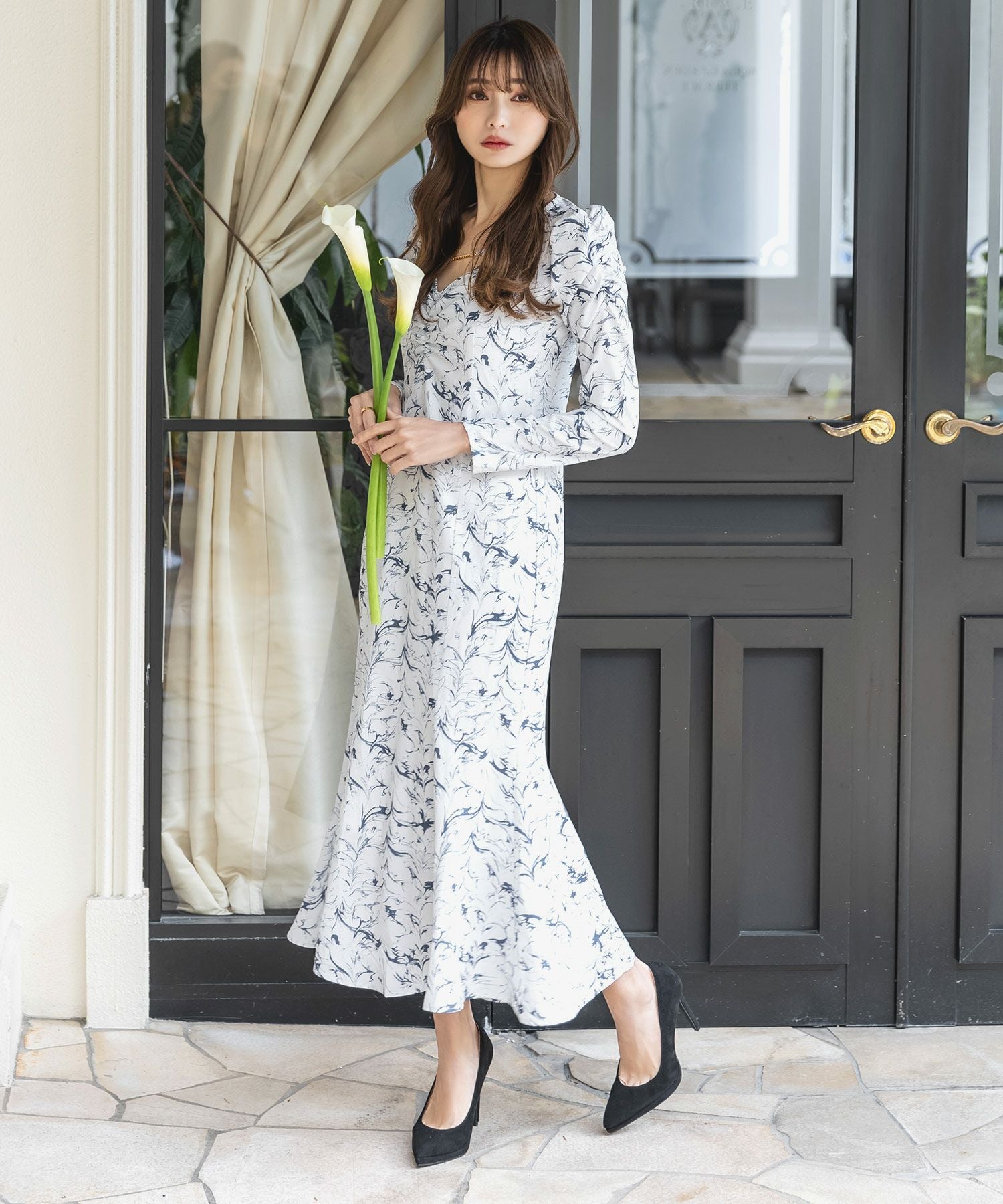 ラインフラワークロップド丈トップス×マーメイドワンピース JB23016