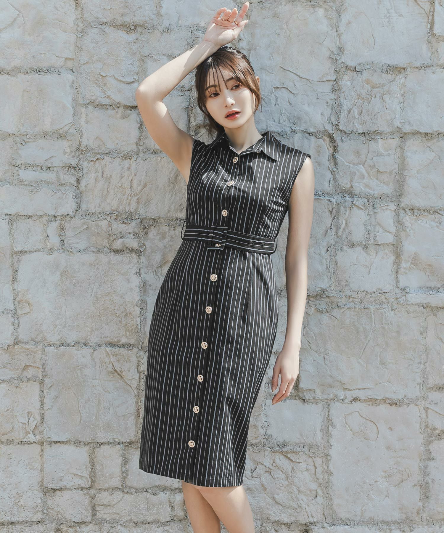 形が選べるストライプ柄シャツワンピース JB23071