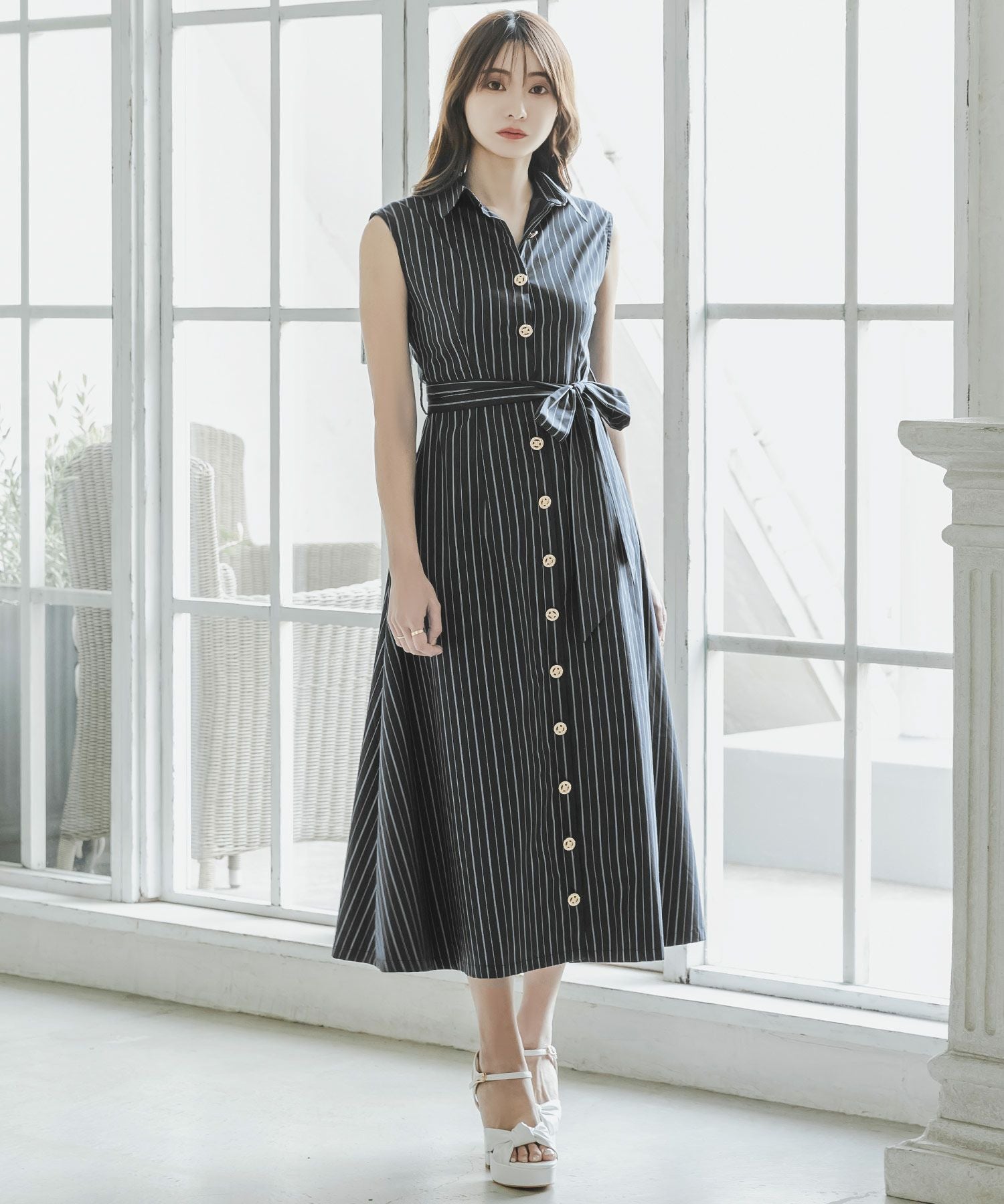 形が選べるストライプ柄シャツワンピース JB23071