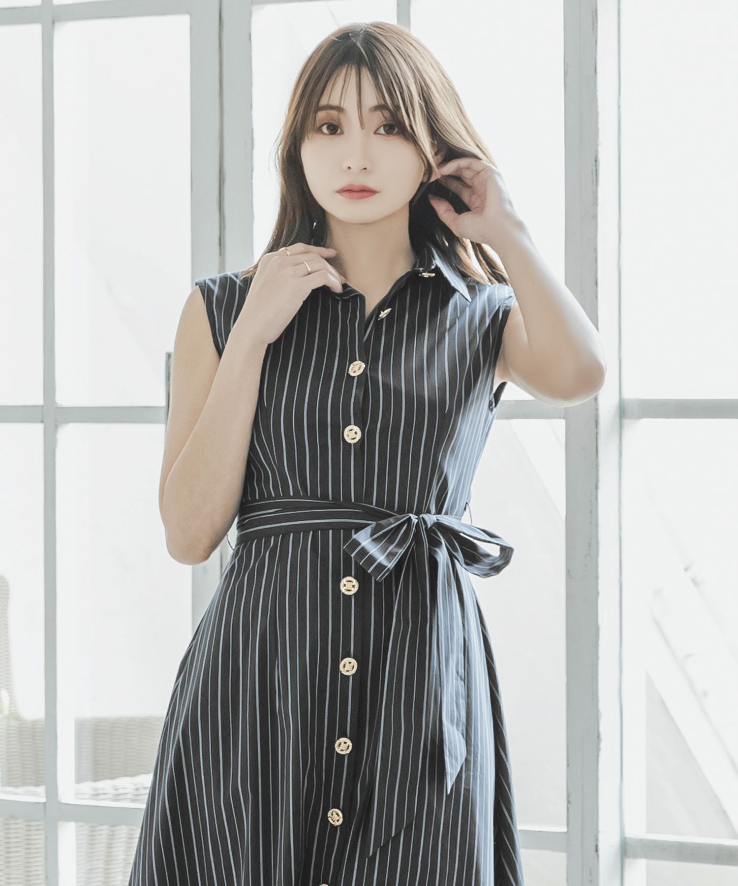 形が選べるストライプ柄シャツワンピース JB23071