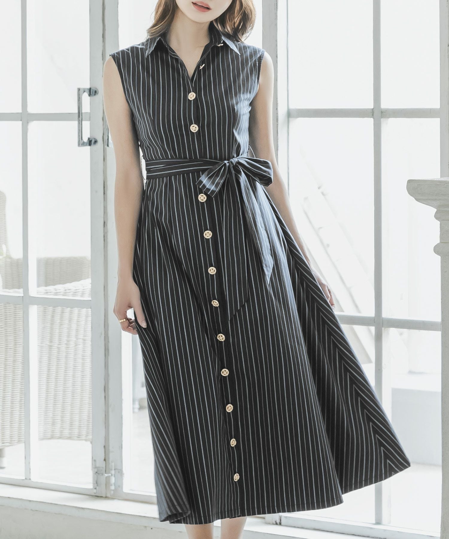 形が選べるストライプ柄シャツワンピース JB23071