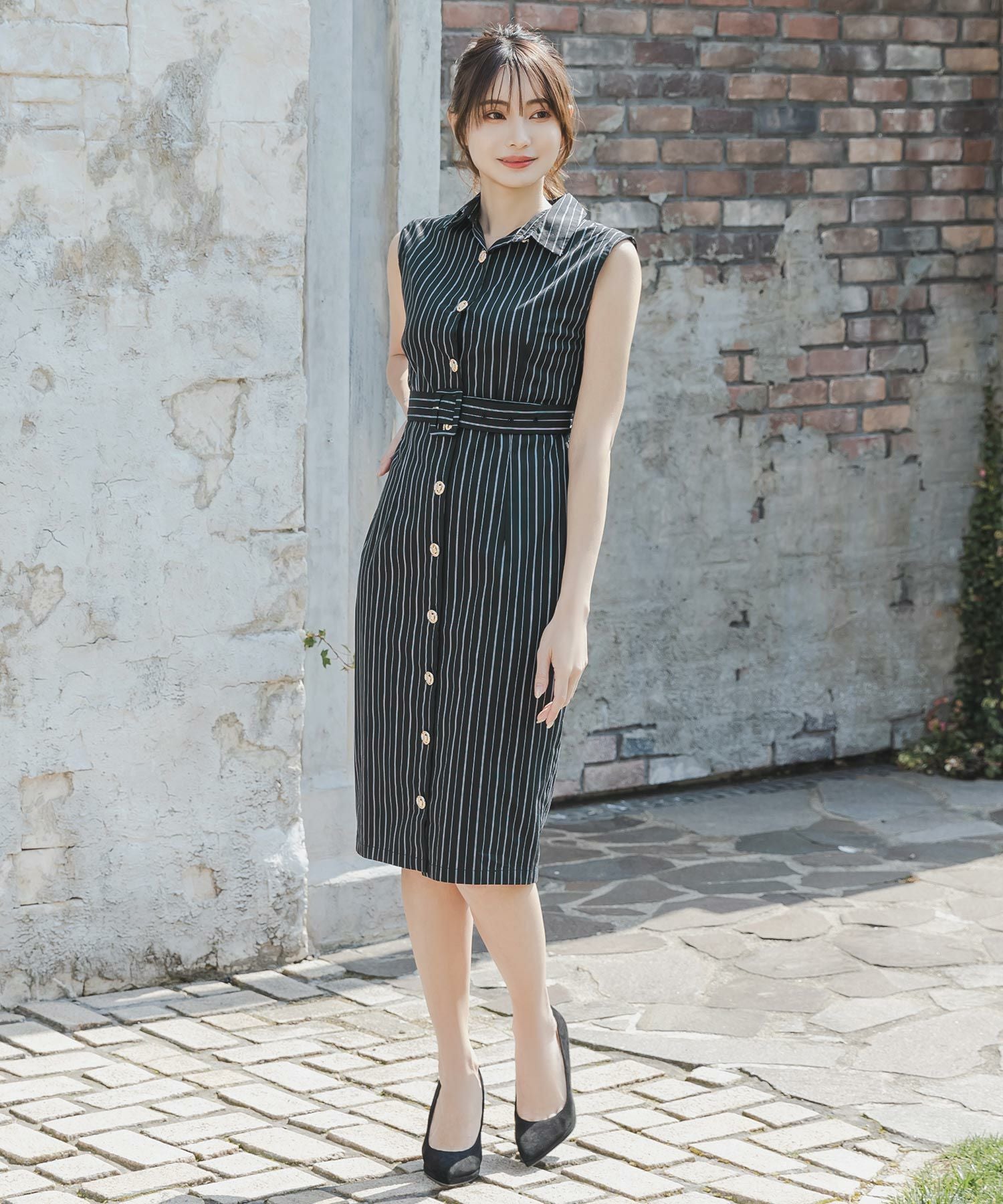 形が選べるストライプ柄シャツワンピース JB23071