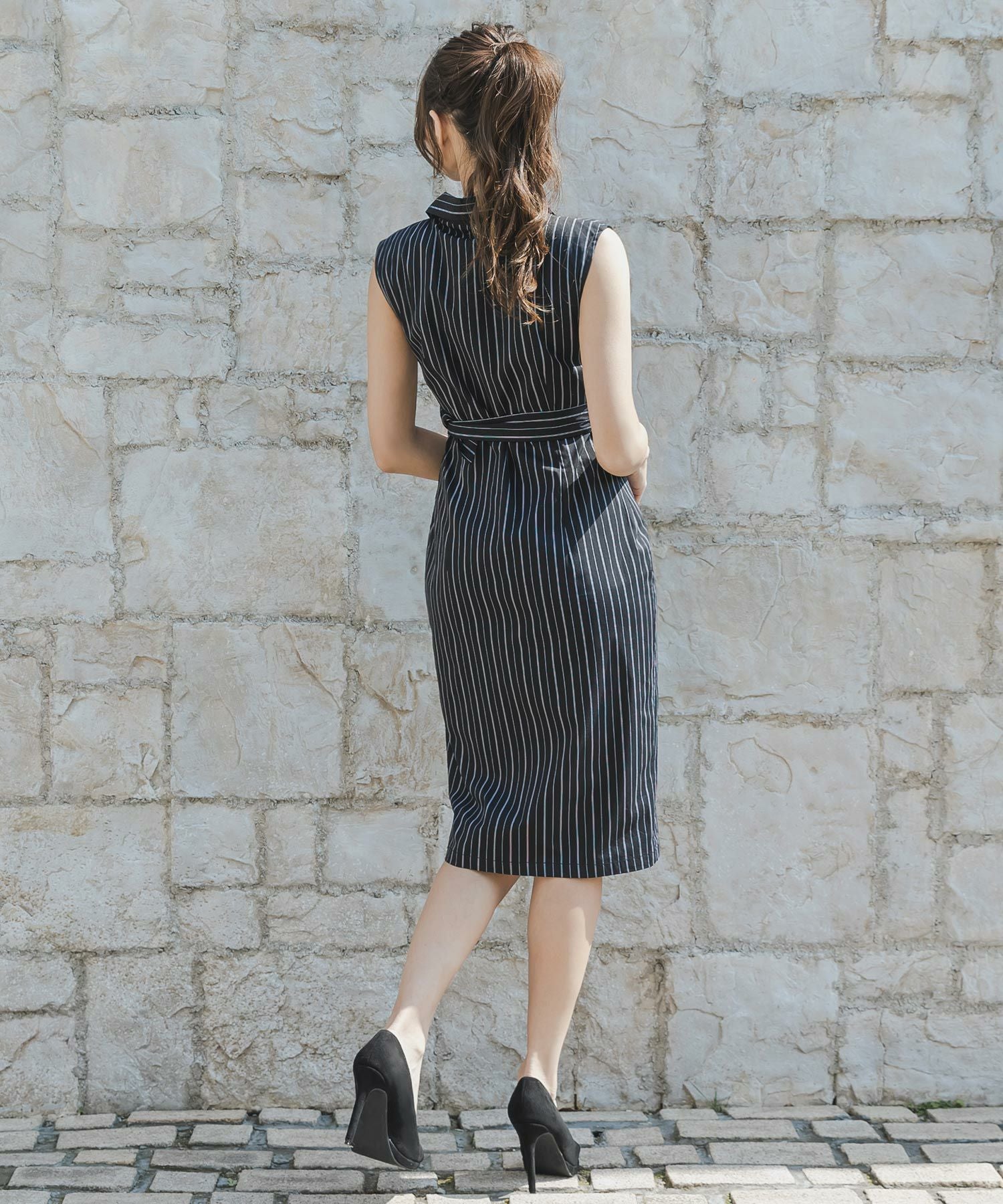 形が選べるストライプ柄シャツワンピース JB23071