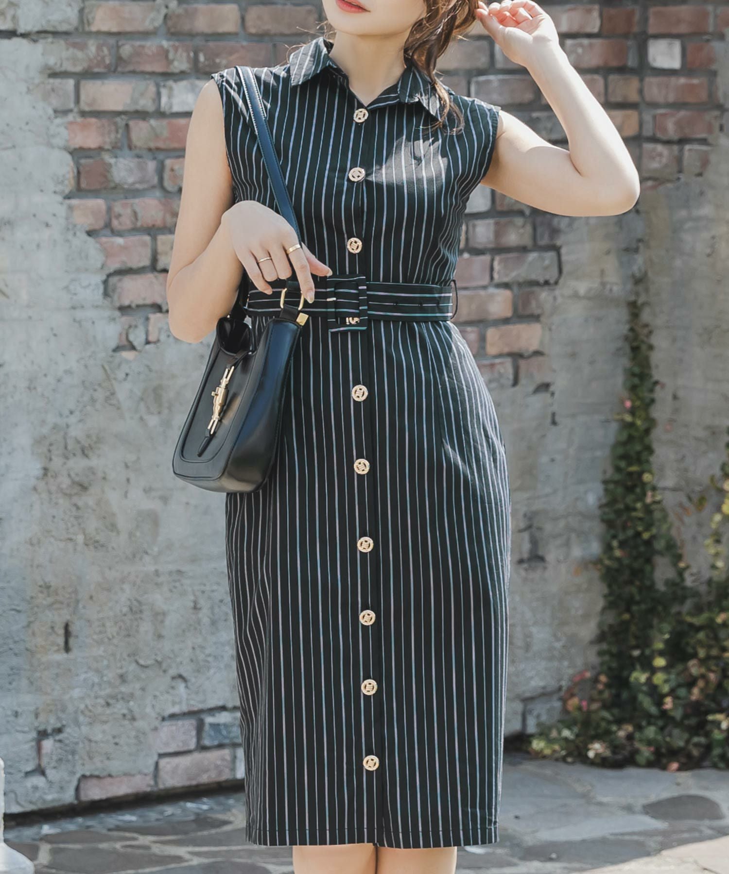 形が選べるストライプ柄シャツワンピース JB23071