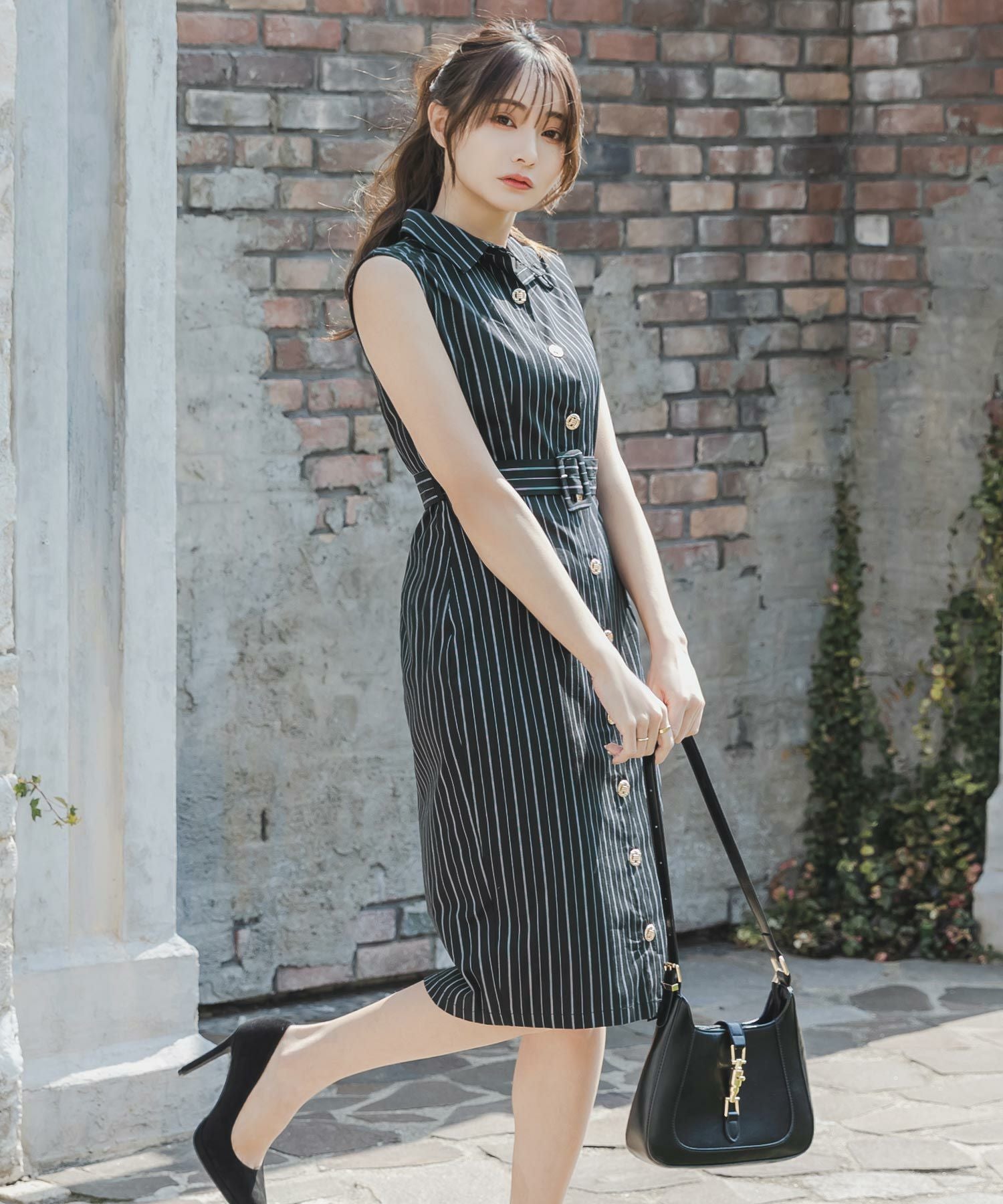 形が選べるストライプ柄シャツワンピース JB23071