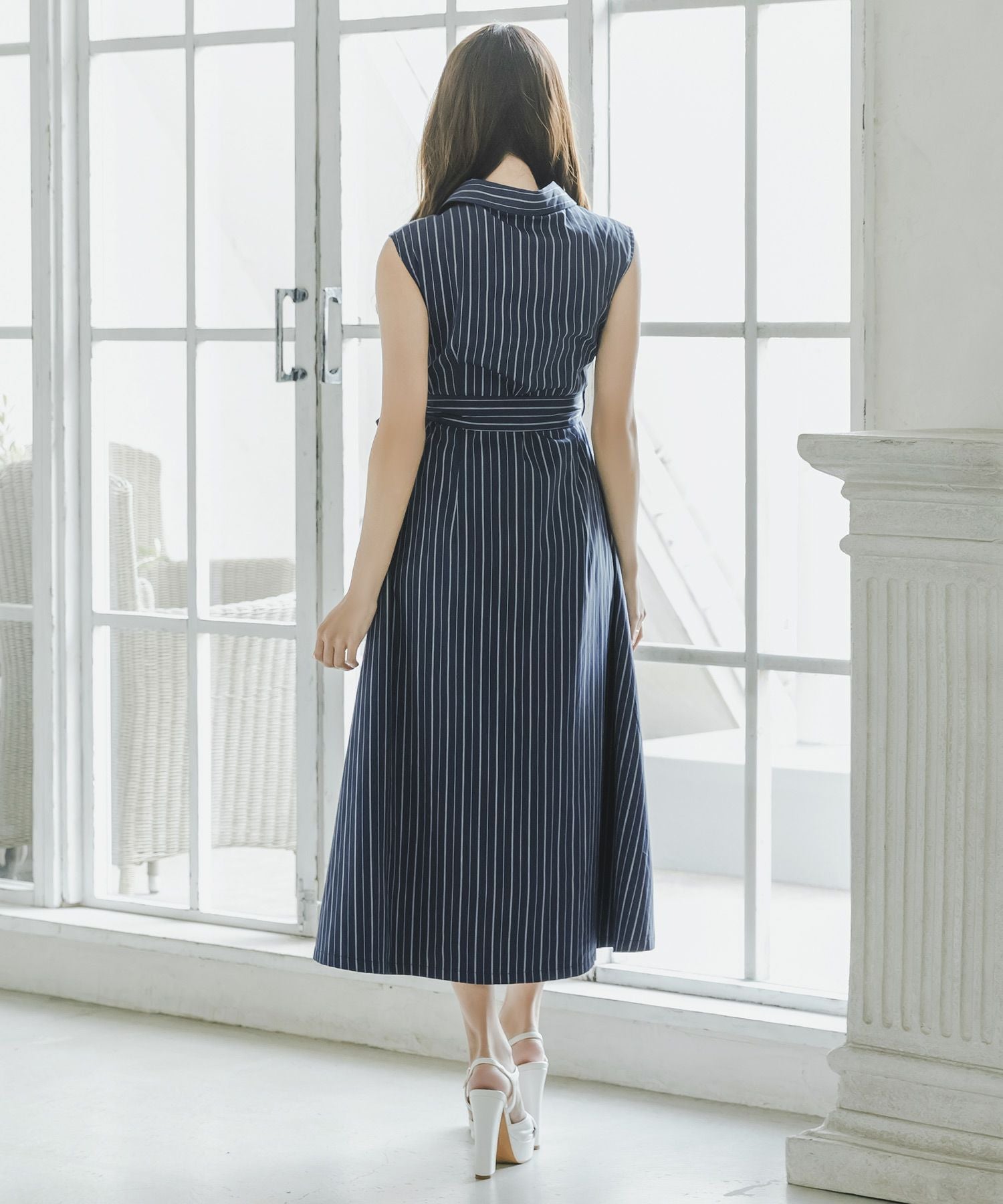 形が選べるストライプ柄シャツワンピース JB23071