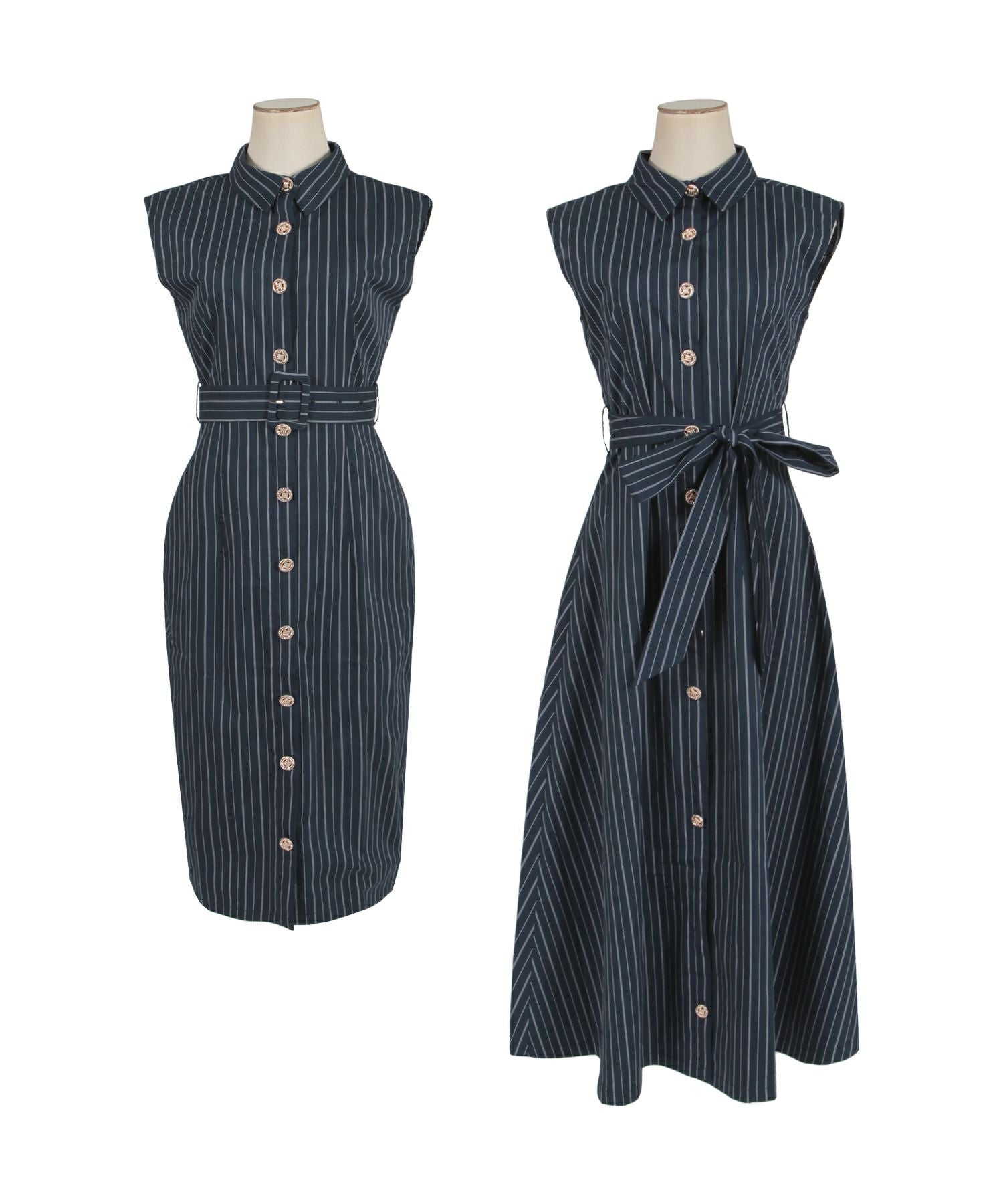 形が選べるストライプ柄シャツワンピース JB23071