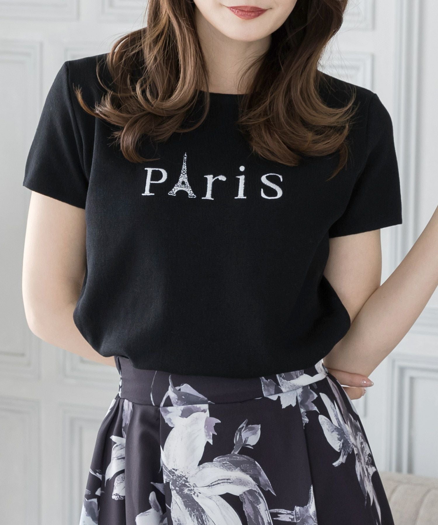 Parisロゴ刺繍ニットトップス JB23128