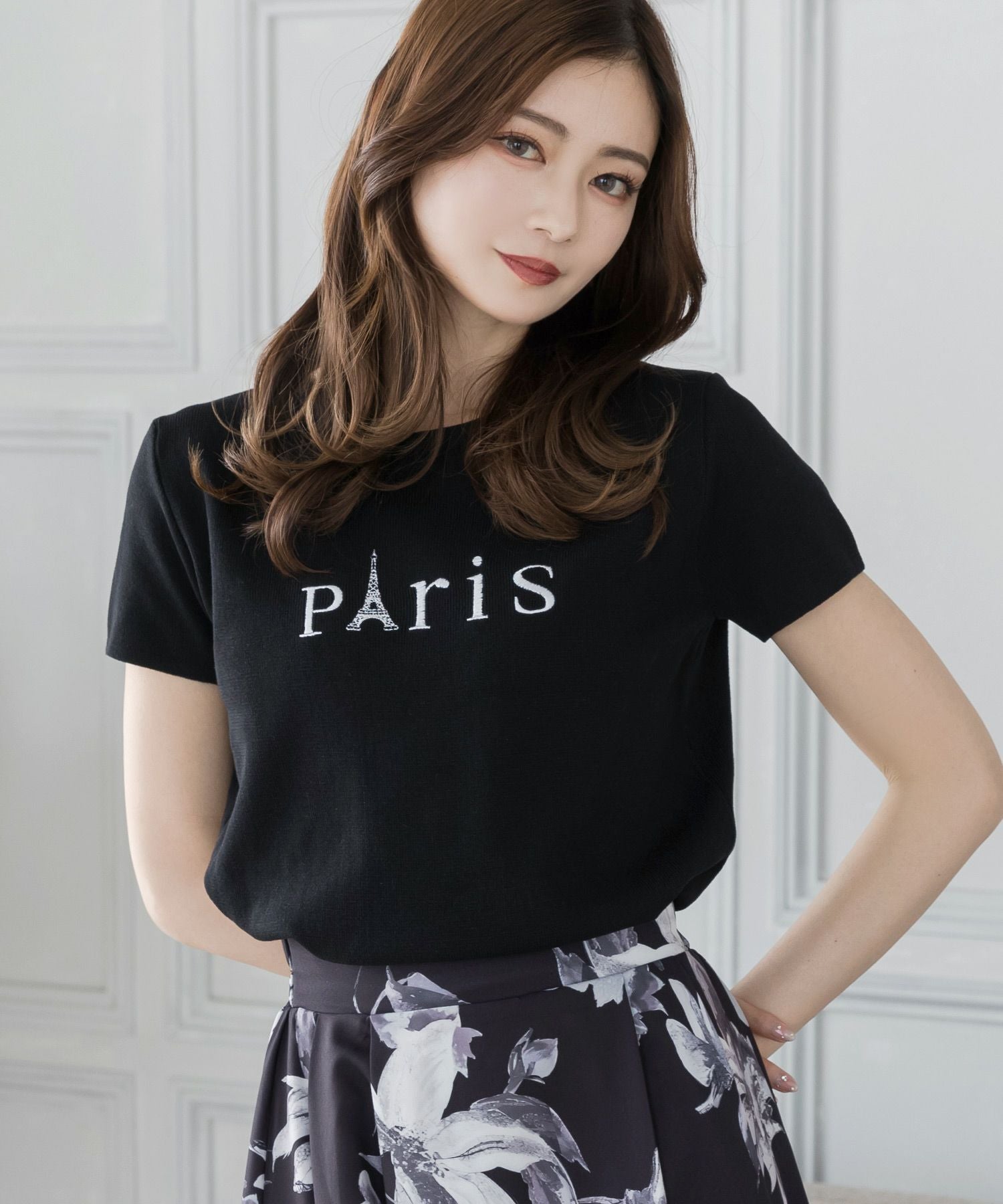 Parisロゴ刺繍ニットトップス JB23128