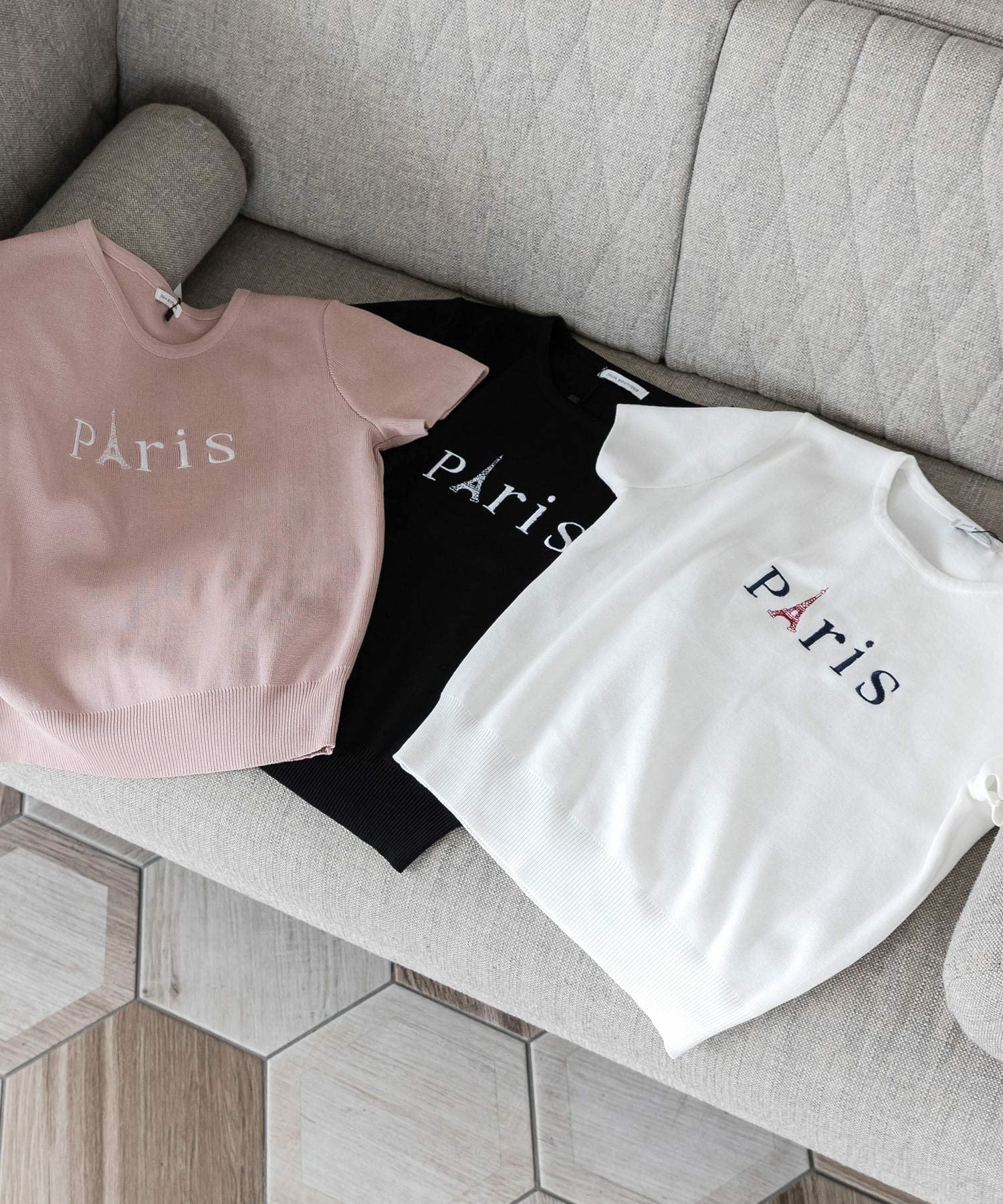 Parisロゴ刺繍ニットトップス JB23128