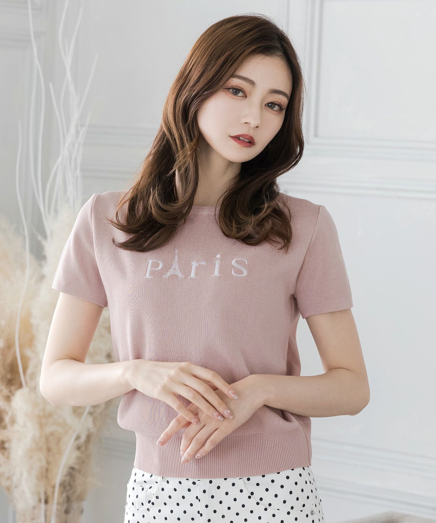 Parisロゴ刺繍ニットトップス JB23128