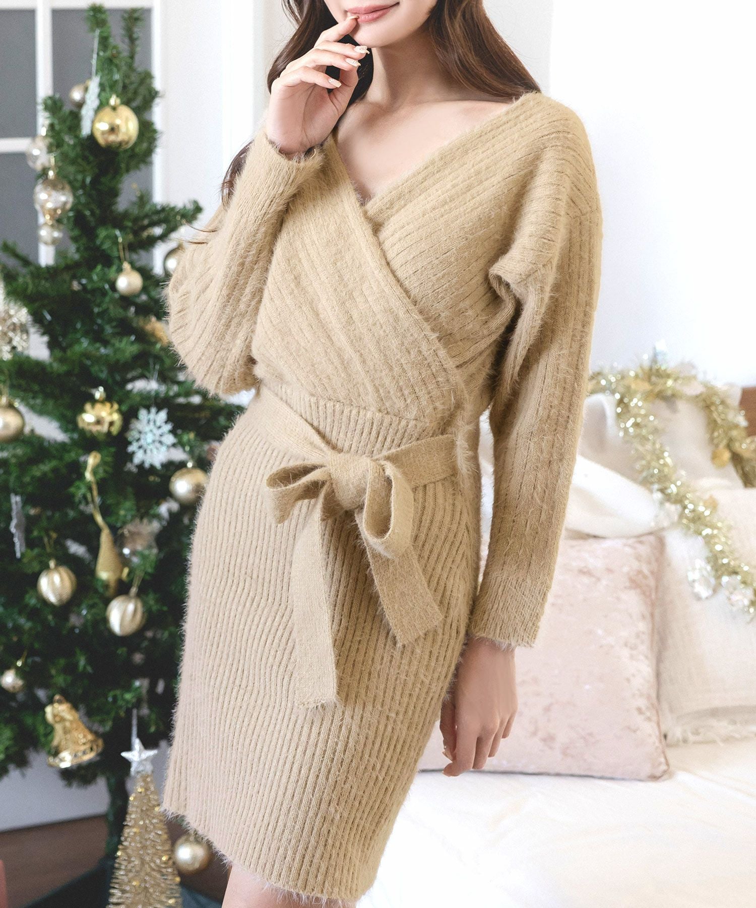 リボン付きカシュクールシャギータッチニットワンピース JB23600