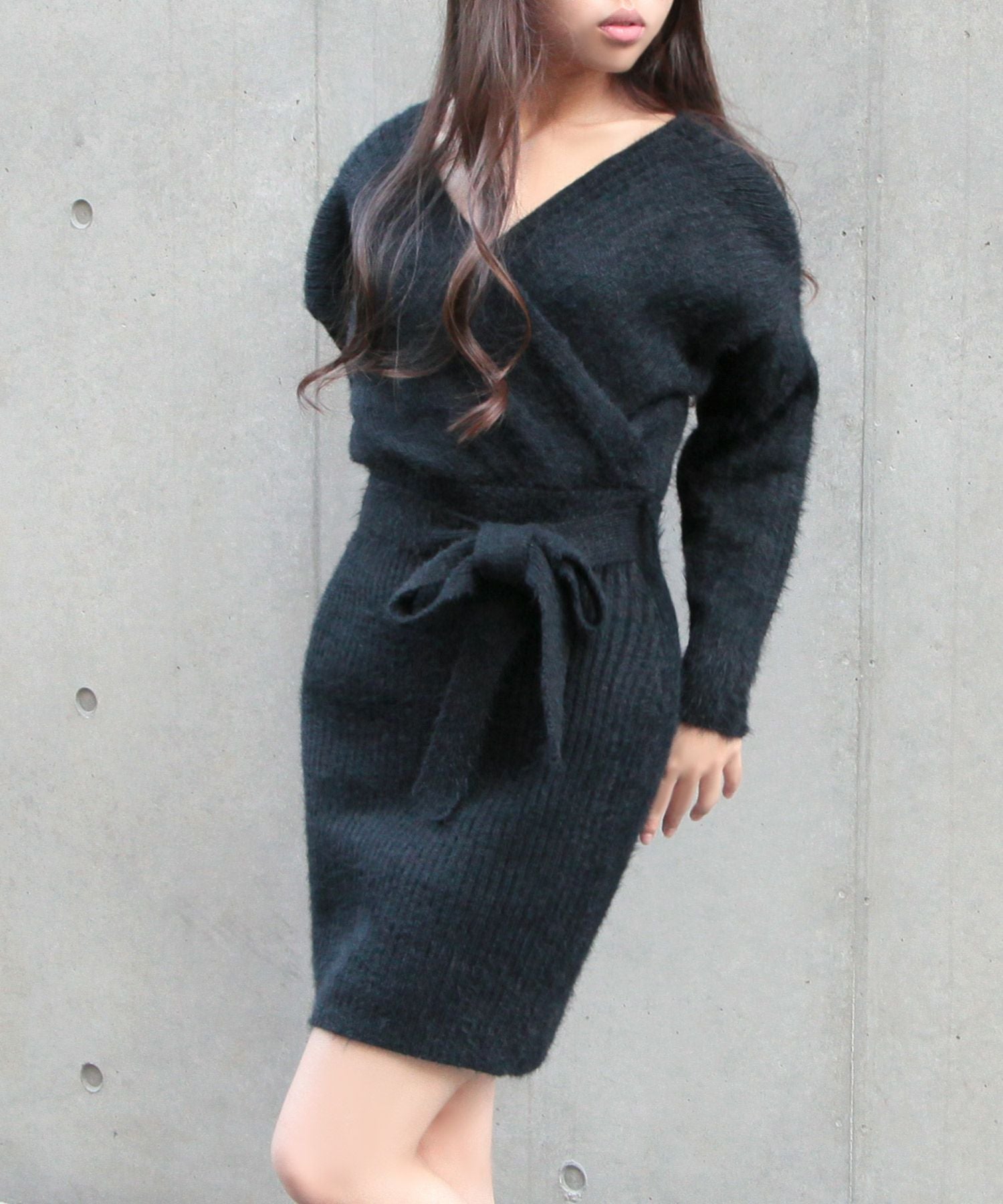 リボン付きカシュクールシャギータッチニットワンピース JB23600