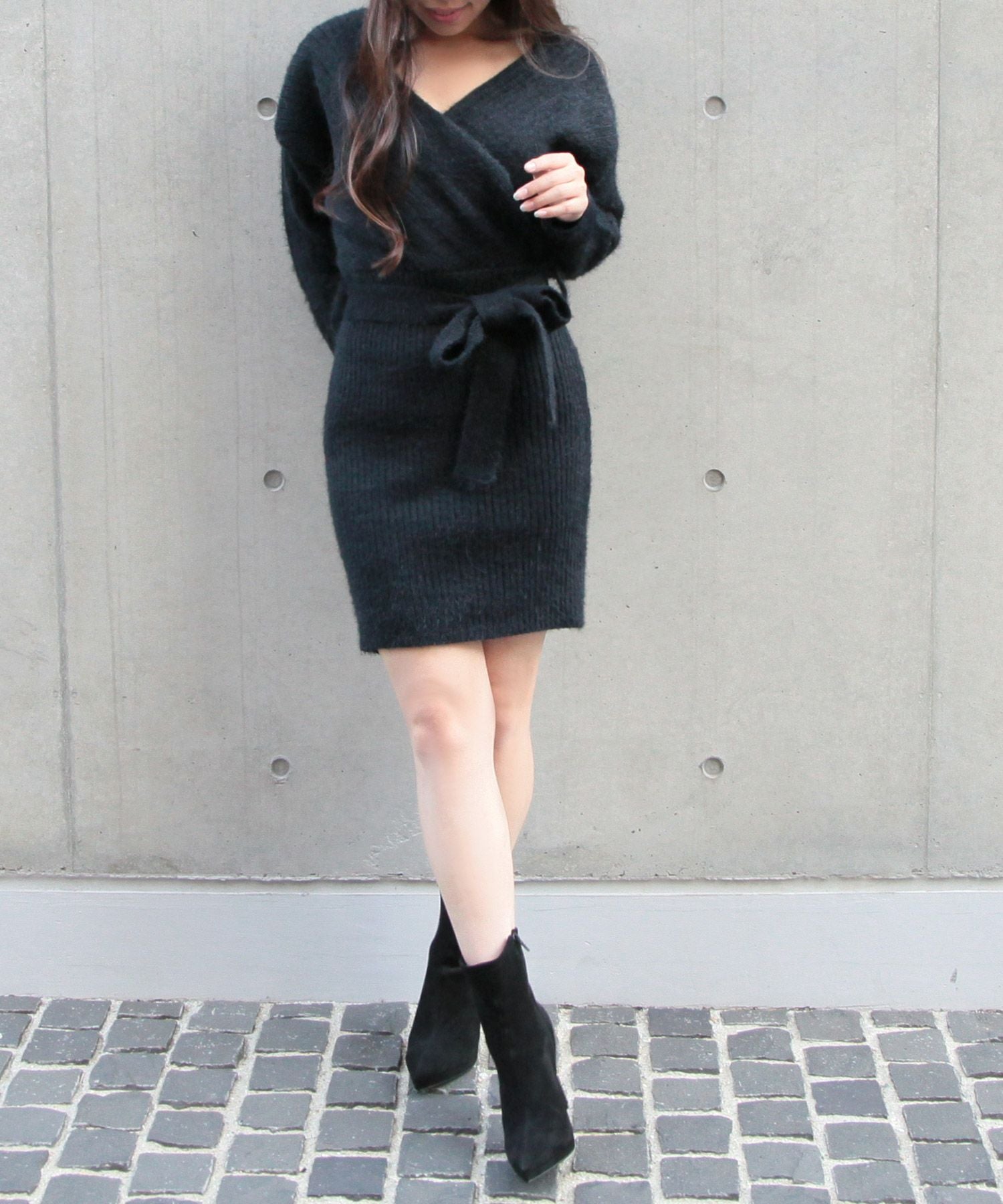 リボン付きカシュクールシャギータッチニットワンピース JB23600