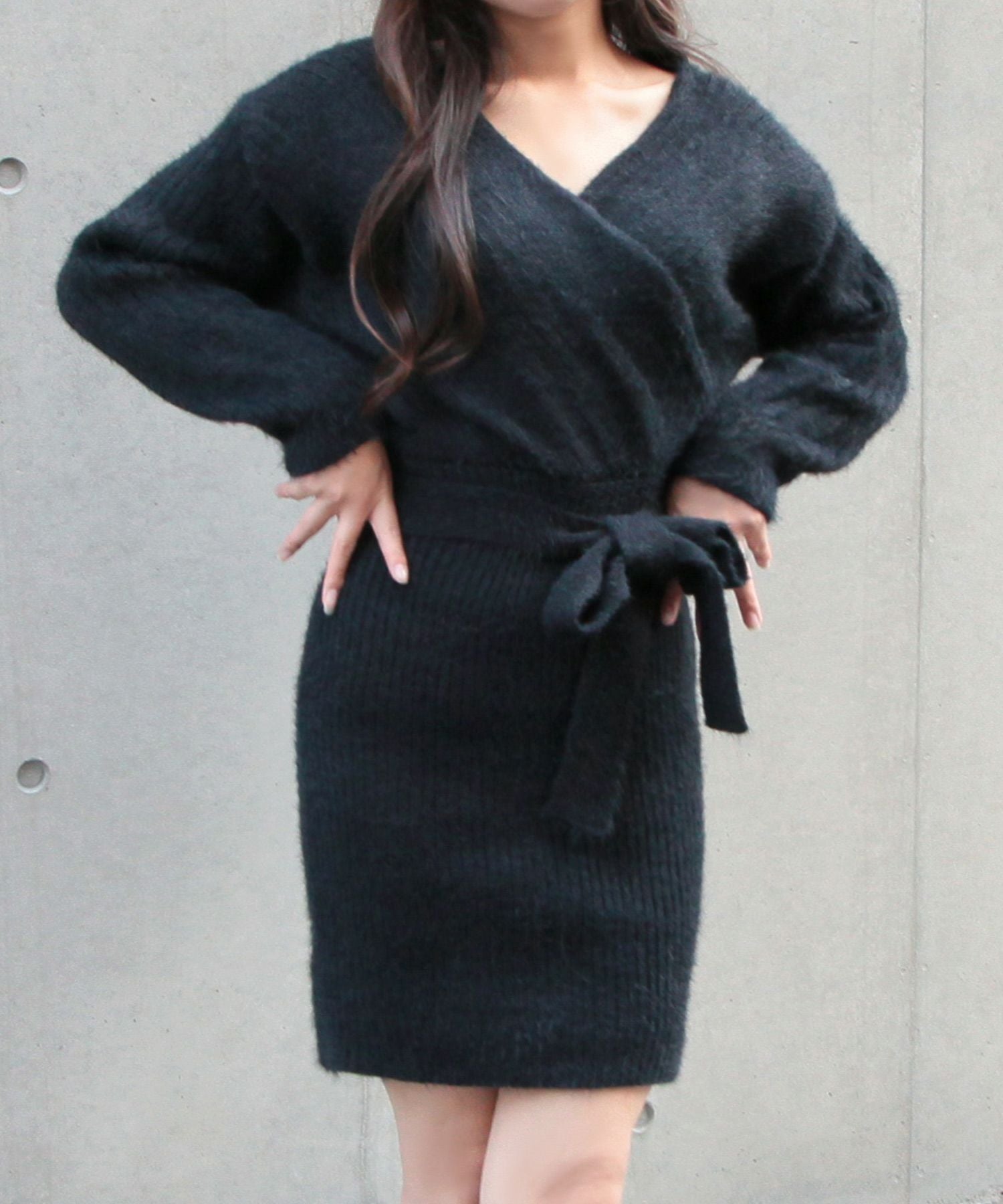 リボン付きカシュクールシャギータッチニットワンピース JB23600