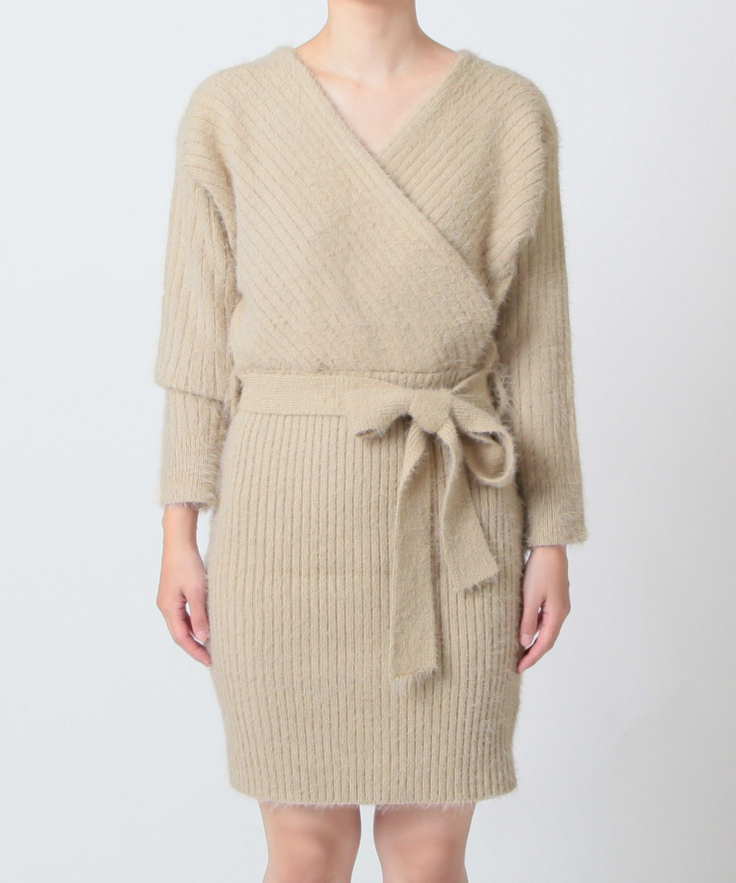 リボン付きカシュクールシャギータッチニットワンピース JB23600