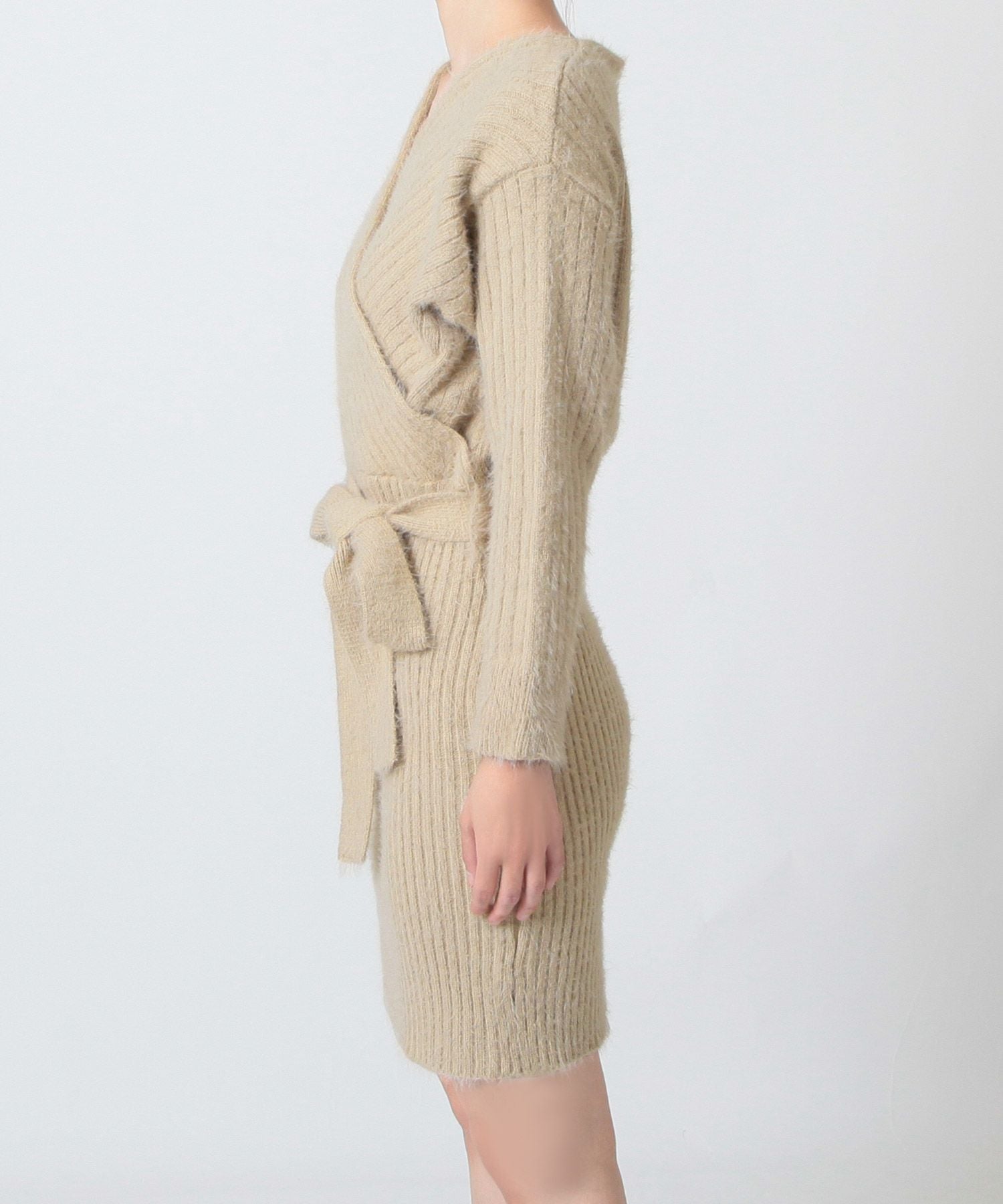 リボン付きカシュクールシャギータッチニットワンピース JB23600