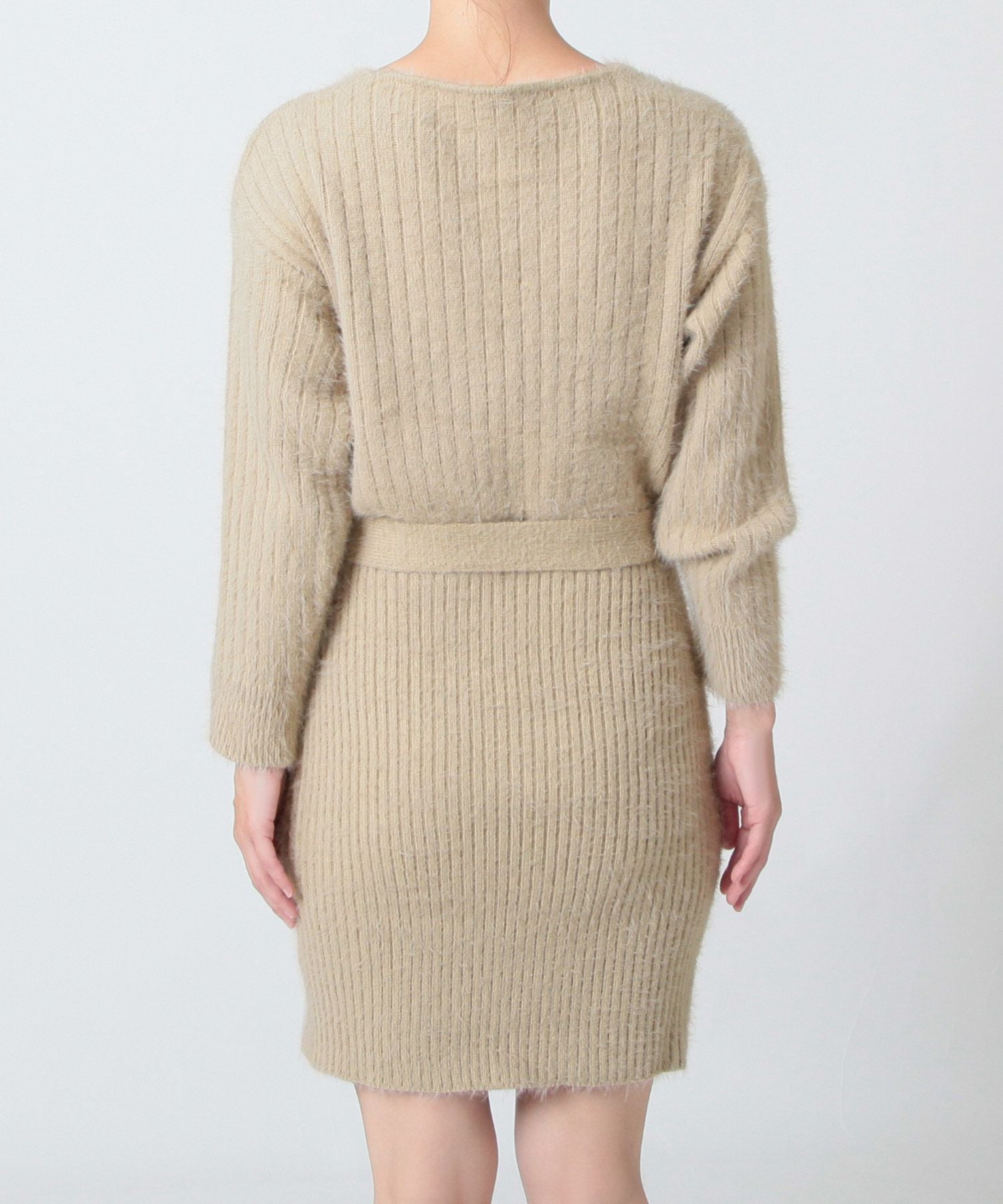 リボン付きカシュクールシャギータッチニットワンピース JB23600