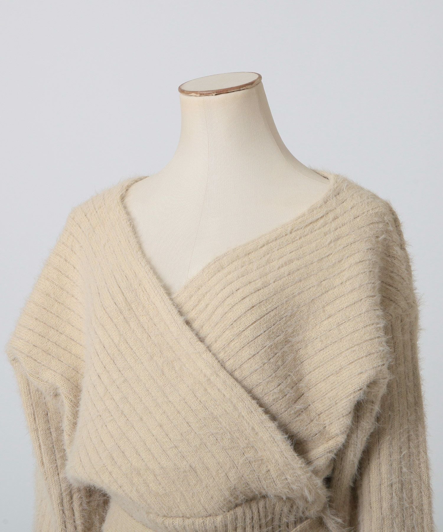 リボン付きカシュクールシャギータッチニットワンピース JB23600