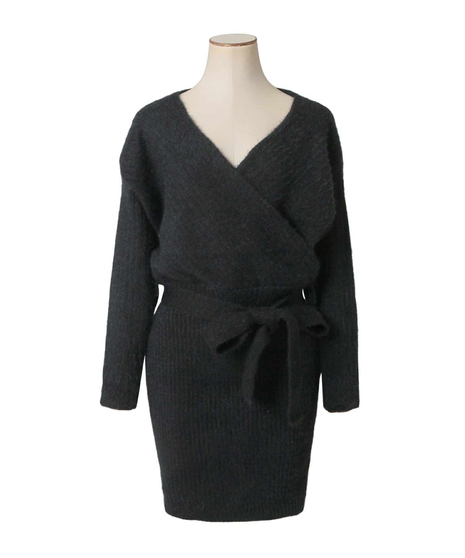 リボン付きカシュクールシャギータッチニットワンピース JB23600