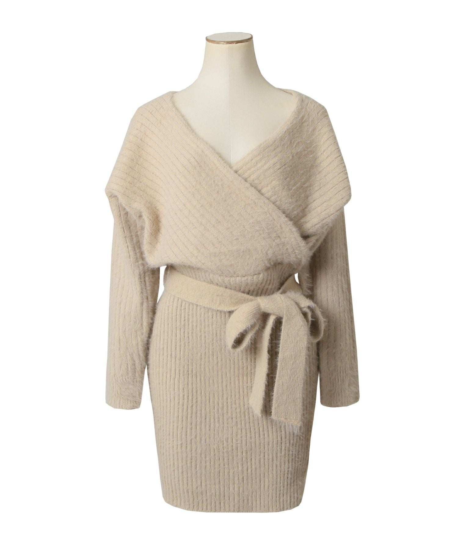 リボン付きカシュクールシャギータッチニットワンピース JB23600