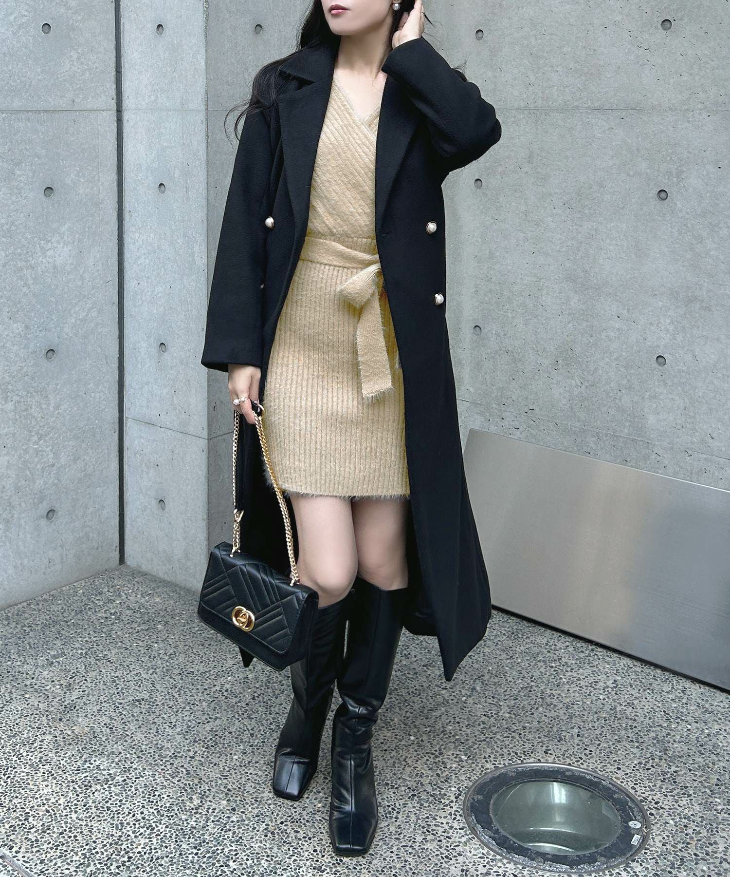 リボン付きカシュクールシャギータッチニットワンピース JB23600