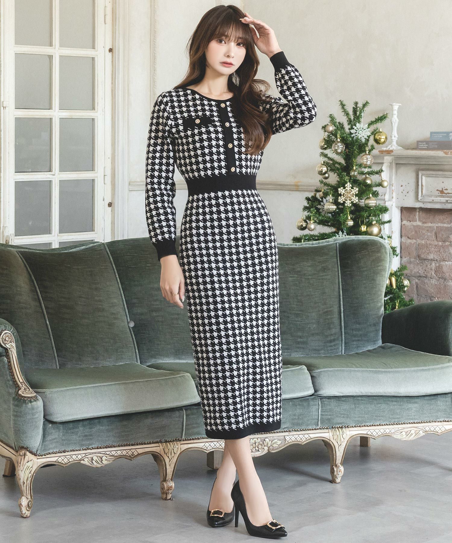 丈が選べる千鳥格子柄タイトニットワンピース JB23598