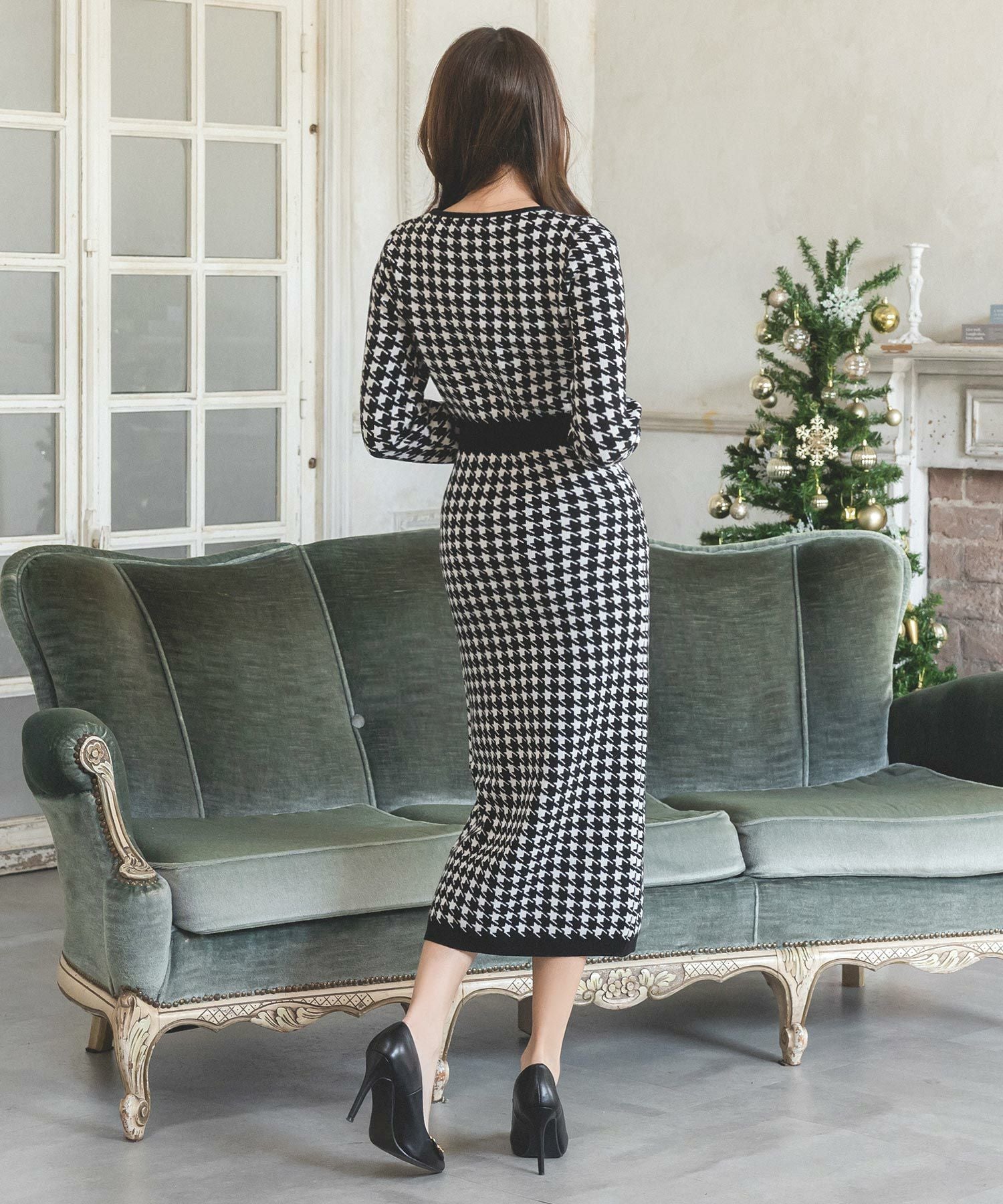 丈が選べる千鳥格子柄タイトニットワンピース JB23598