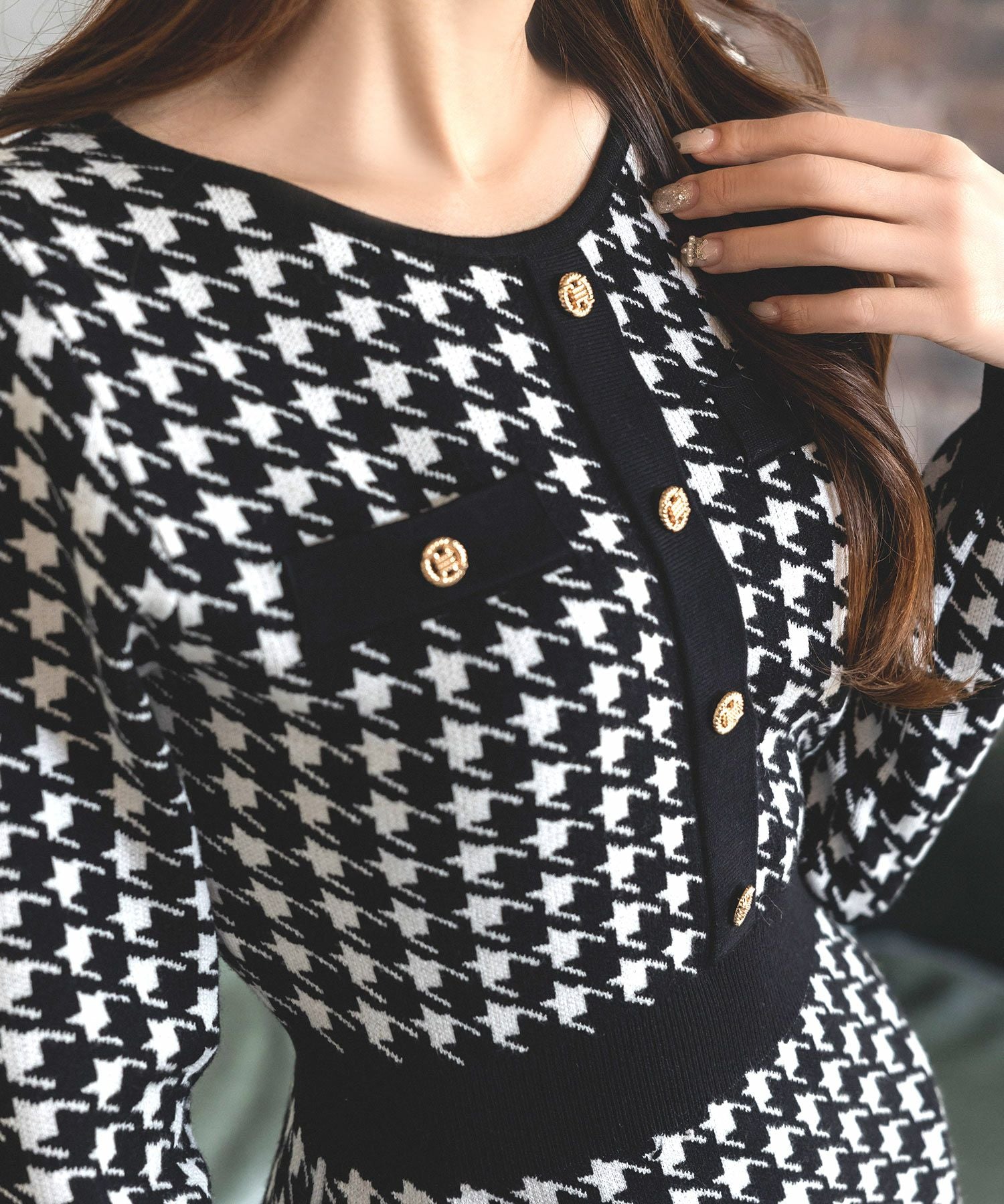 丈が選べる千鳥格子柄タイトニットワンピース JB23598