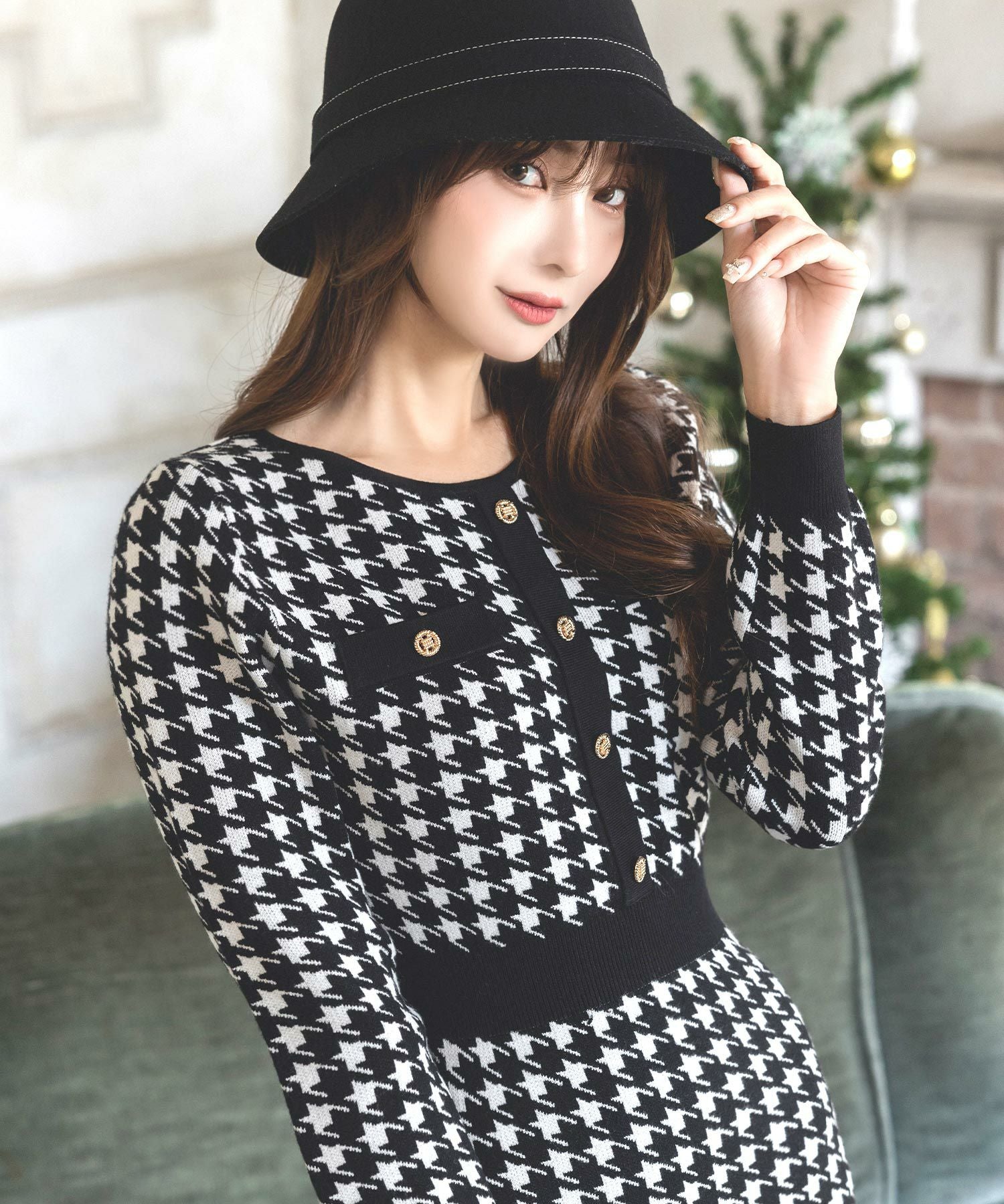 丈が選べる千鳥格子柄タイトニットワンピース JB23598