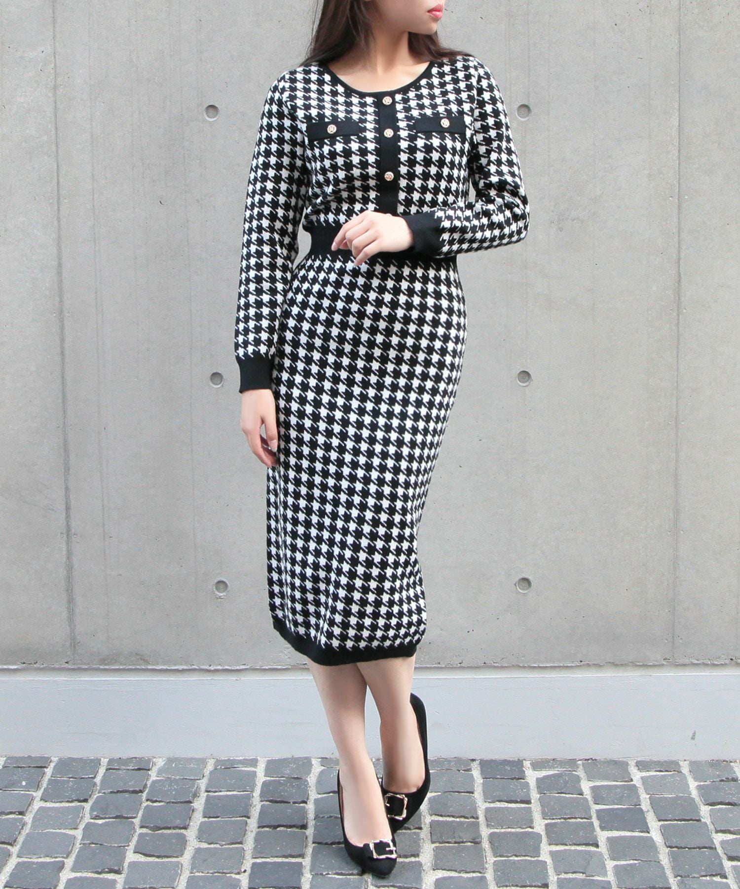 丈が選べる千鳥格子柄タイトニットワンピース JB23598