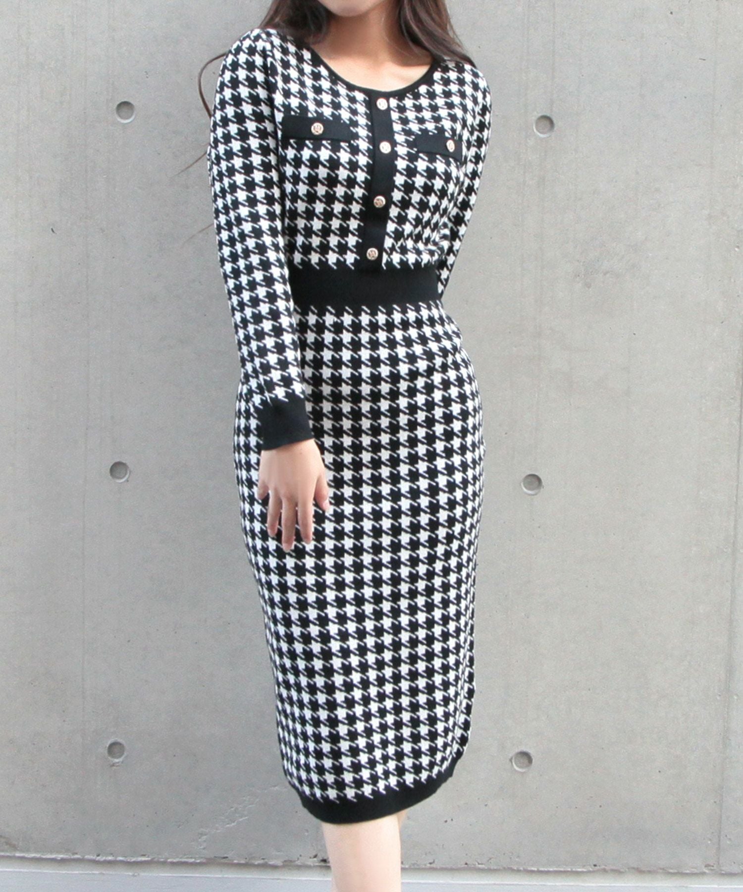 丈が選べる千鳥格子柄タイトニットワンピース JB23598