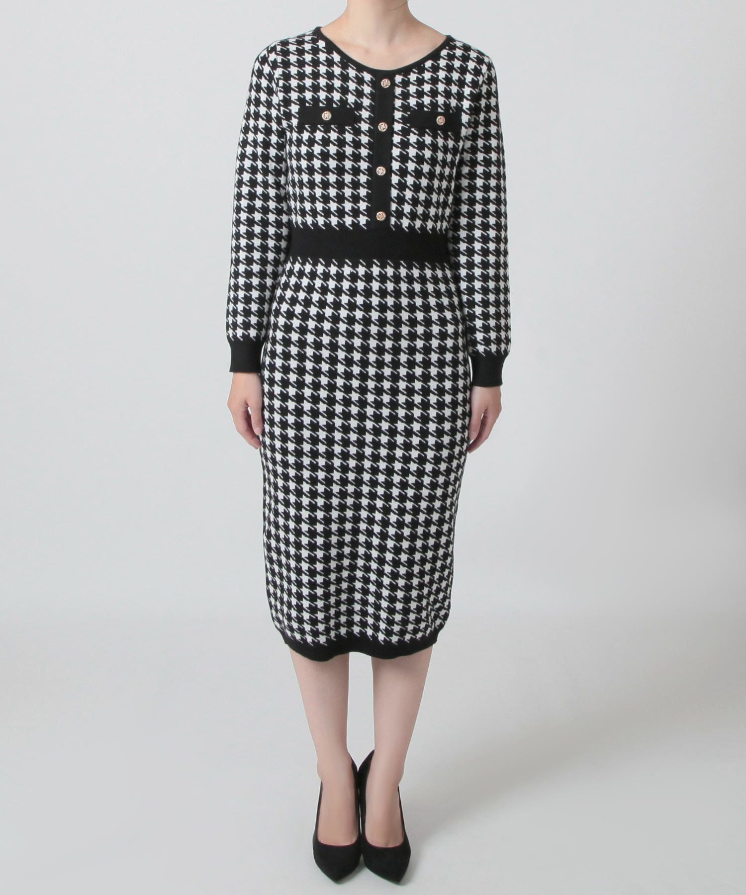丈が選べる千鳥格子柄タイトニットワンピース JB23598