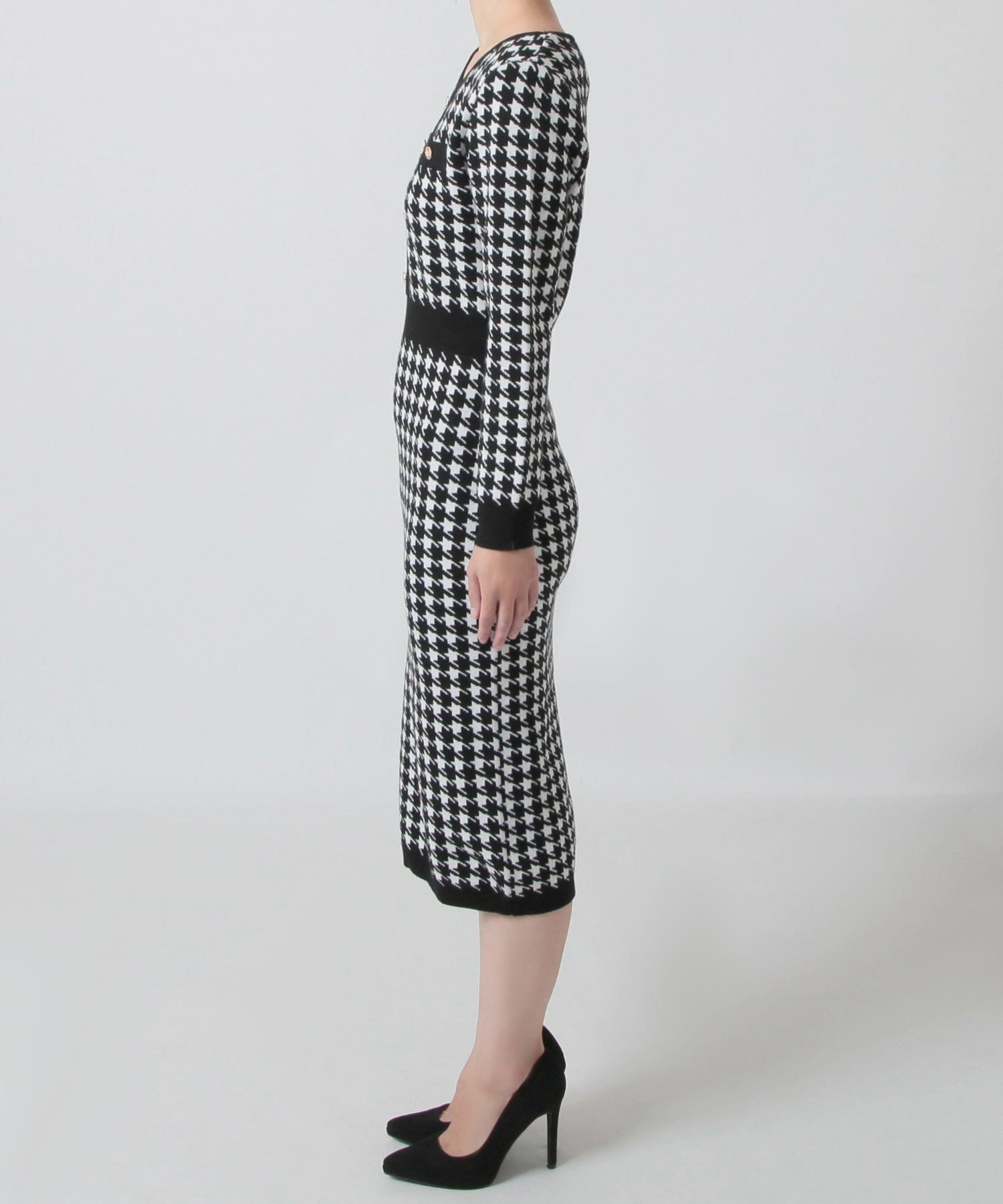 丈が選べる千鳥格子柄タイトニットワンピース JB23598