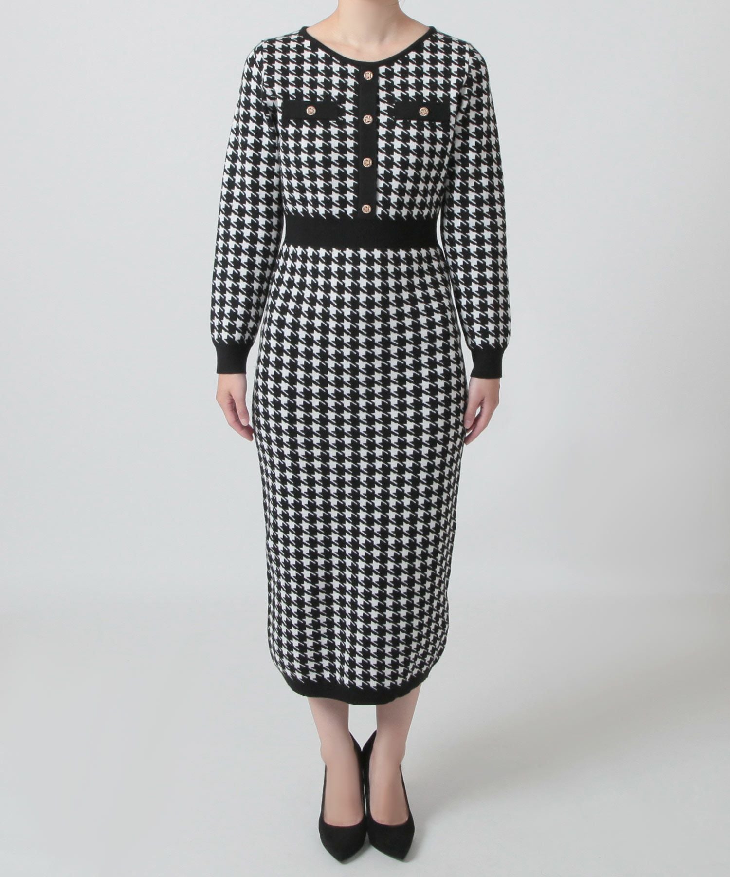 丈が選べる千鳥格子柄タイトニットワンピース JB23598
