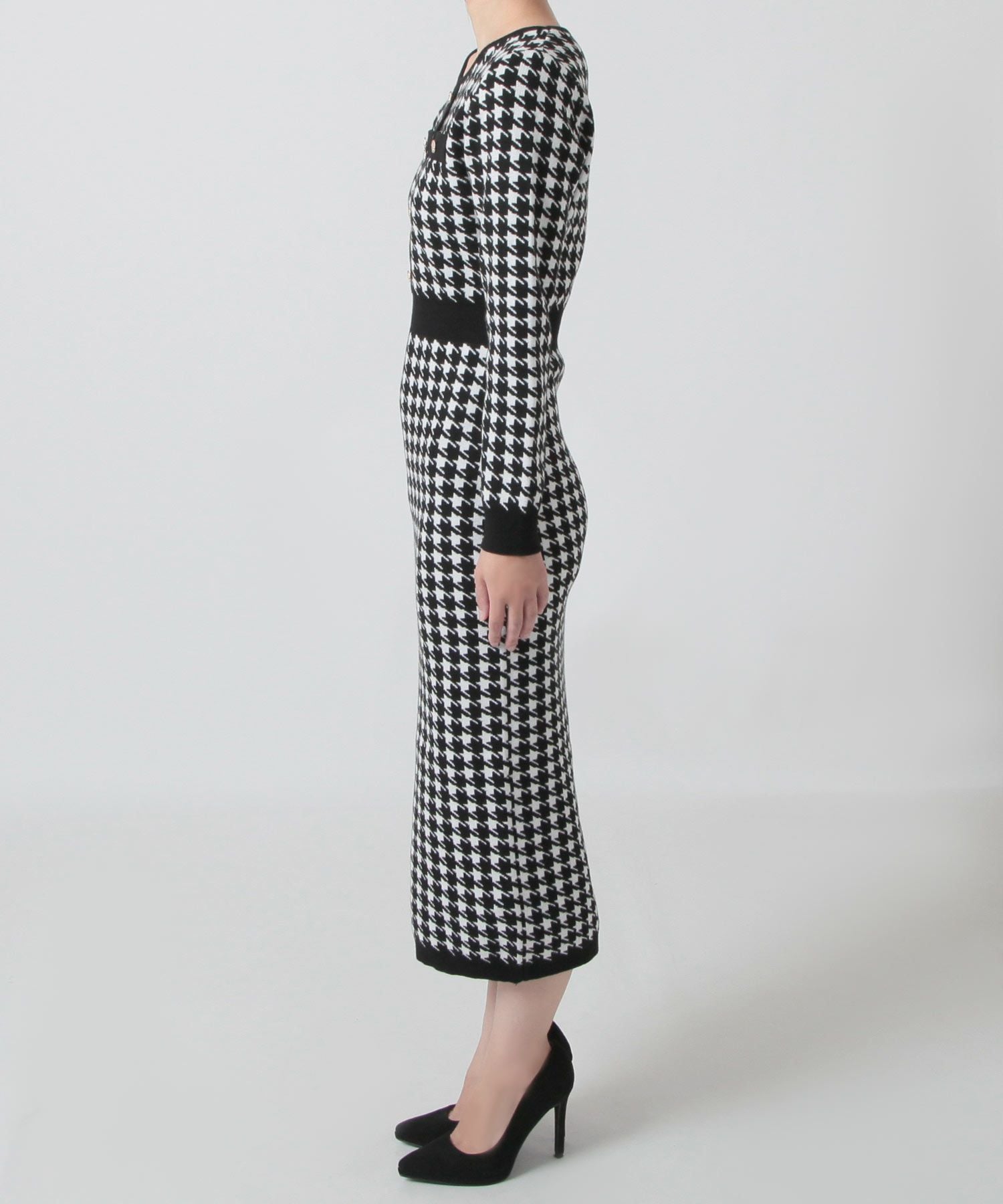 丈が選べる千鳥格子柄タイトニットワンピース JB23598