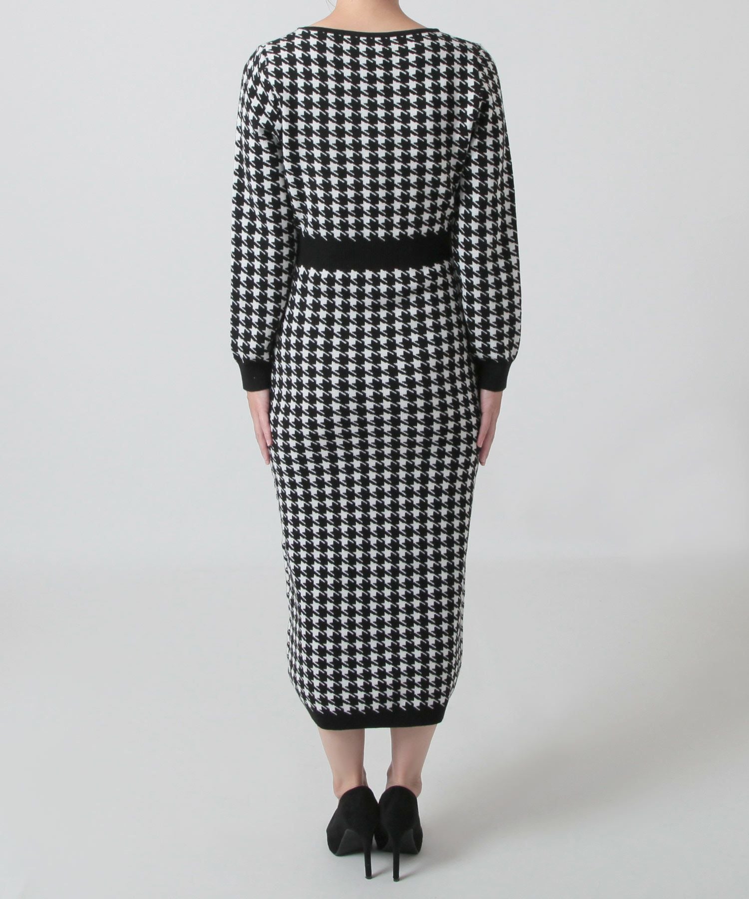 丈が選べる千鳥格子柄タイトニットワンピース JB23598