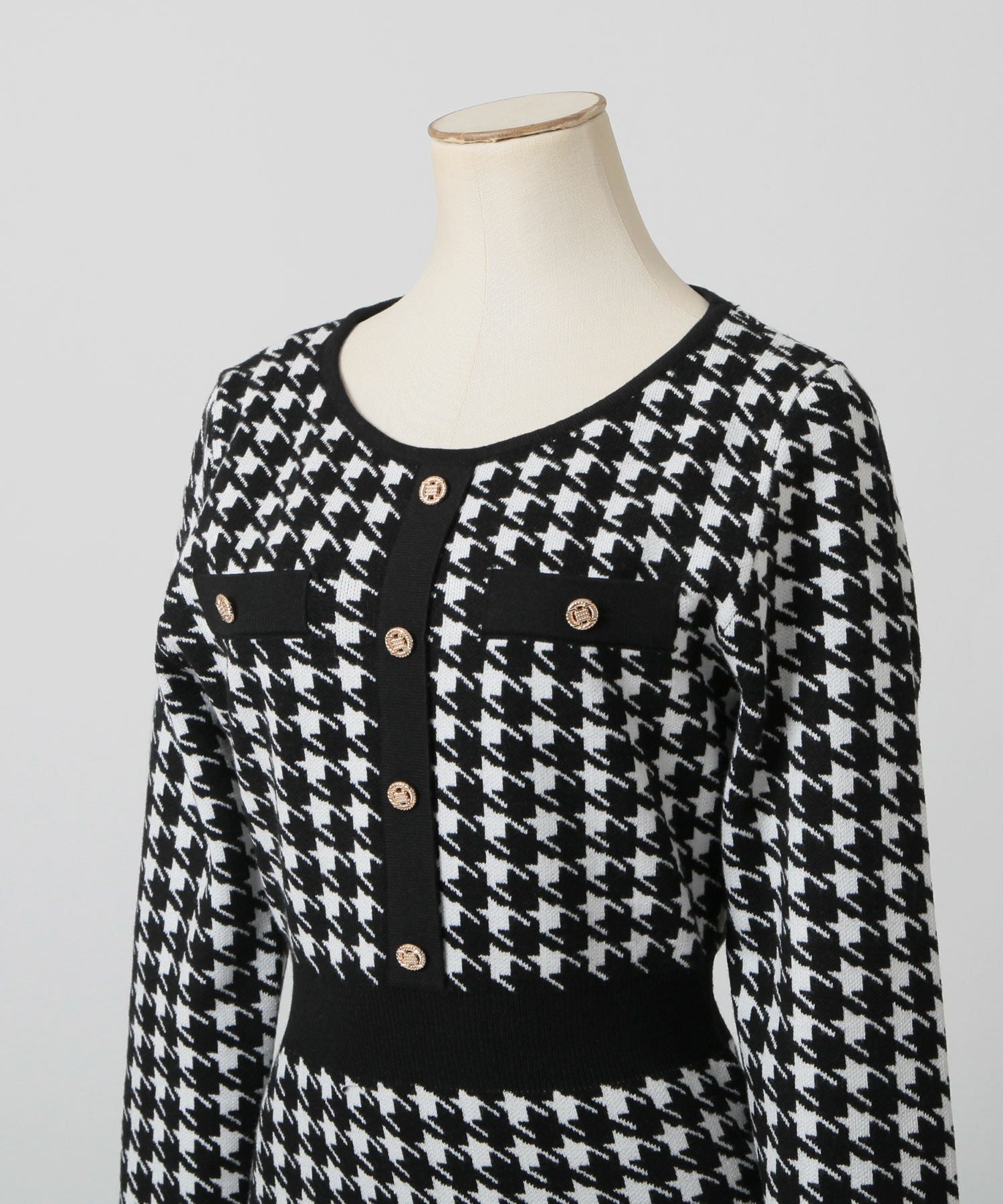 丈が選べる千鳥格子柄タイトニットワンピース JB23598