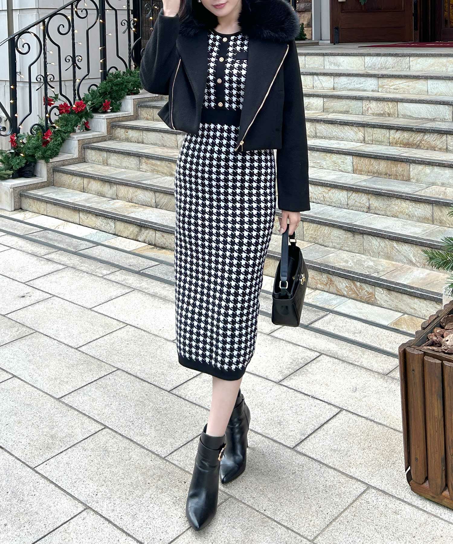 丈が選べる千鳥格子柄タイトニットワンピース JB23598