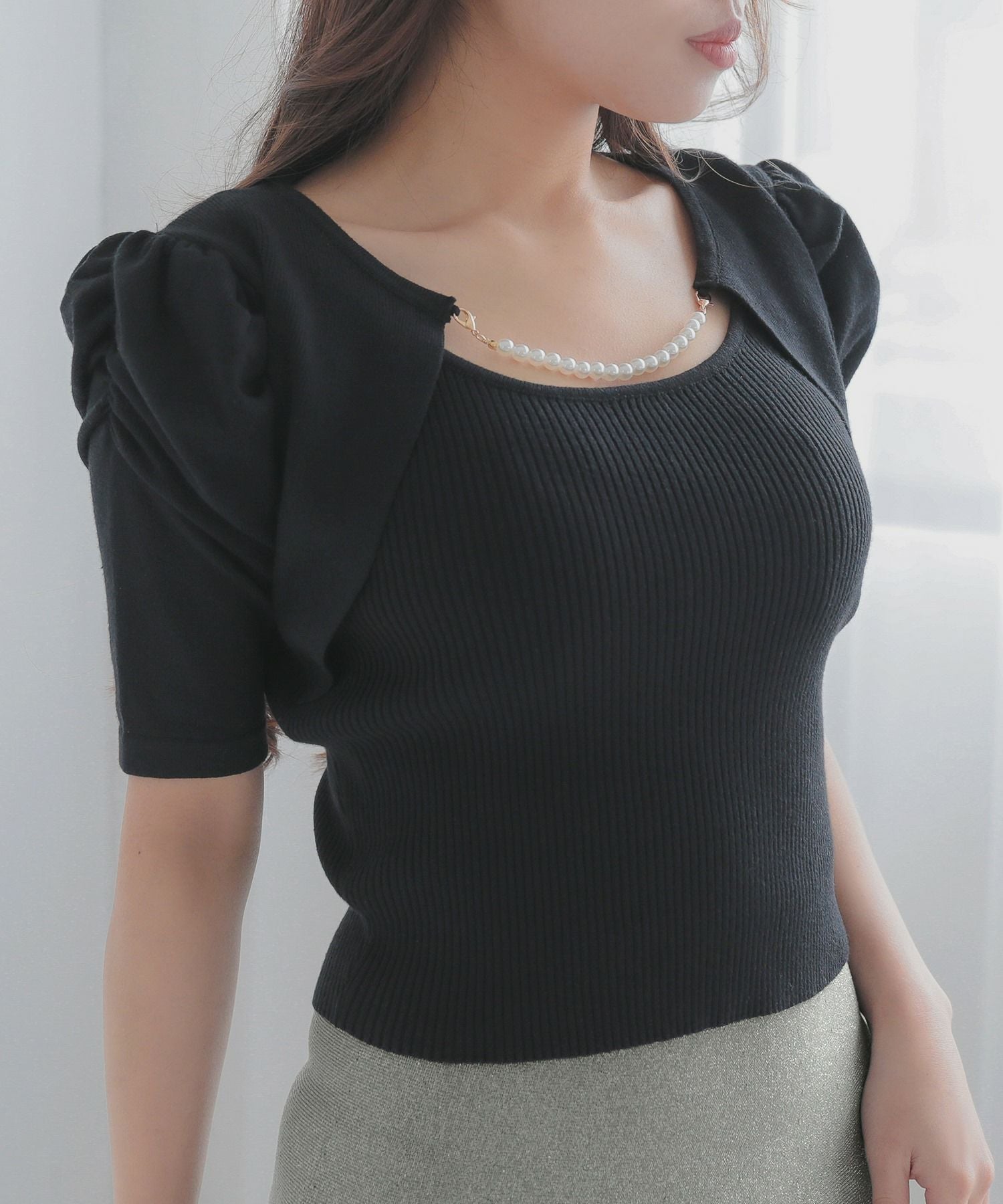パールチェーン付きボレロ風ニットトップス JB24000