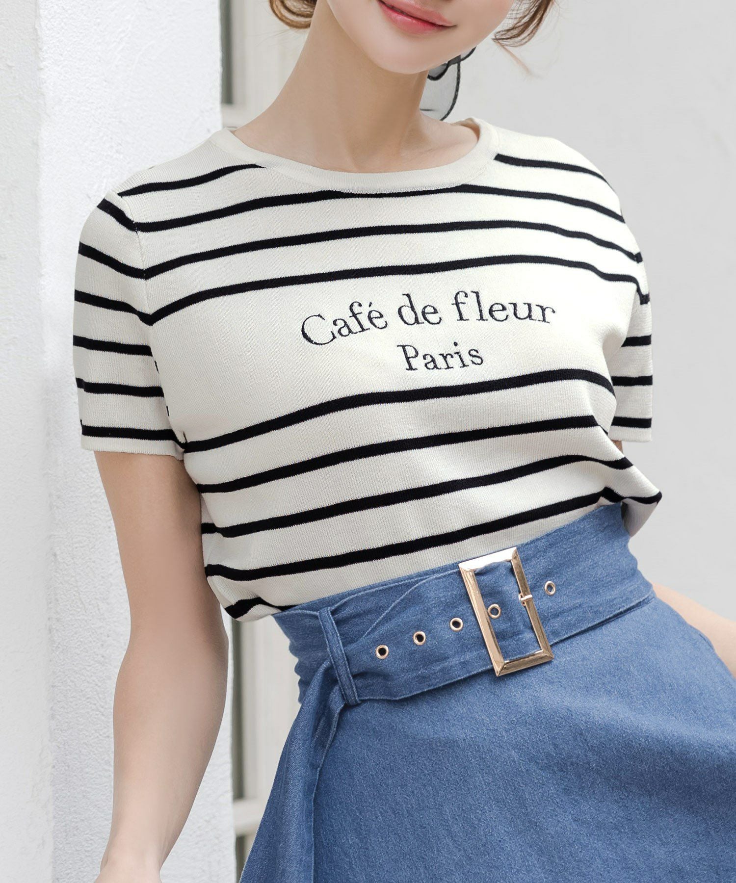 Cafe de fleurロゴ刺繍ニットトップス JB24042